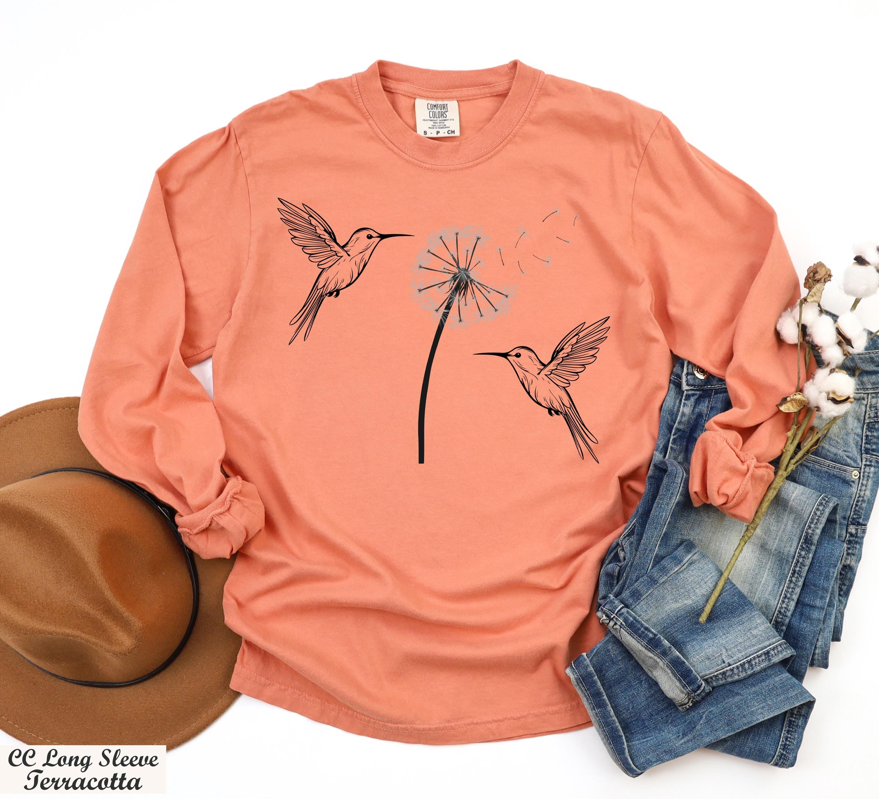 Cute Dandelion Hummingbird Long Sleeve Shirt,Hummingbird Dandelion Sweater,Nature Lovers Tee Sweater,Womens Fall Gift,Cozy Boho Chic Outfit
