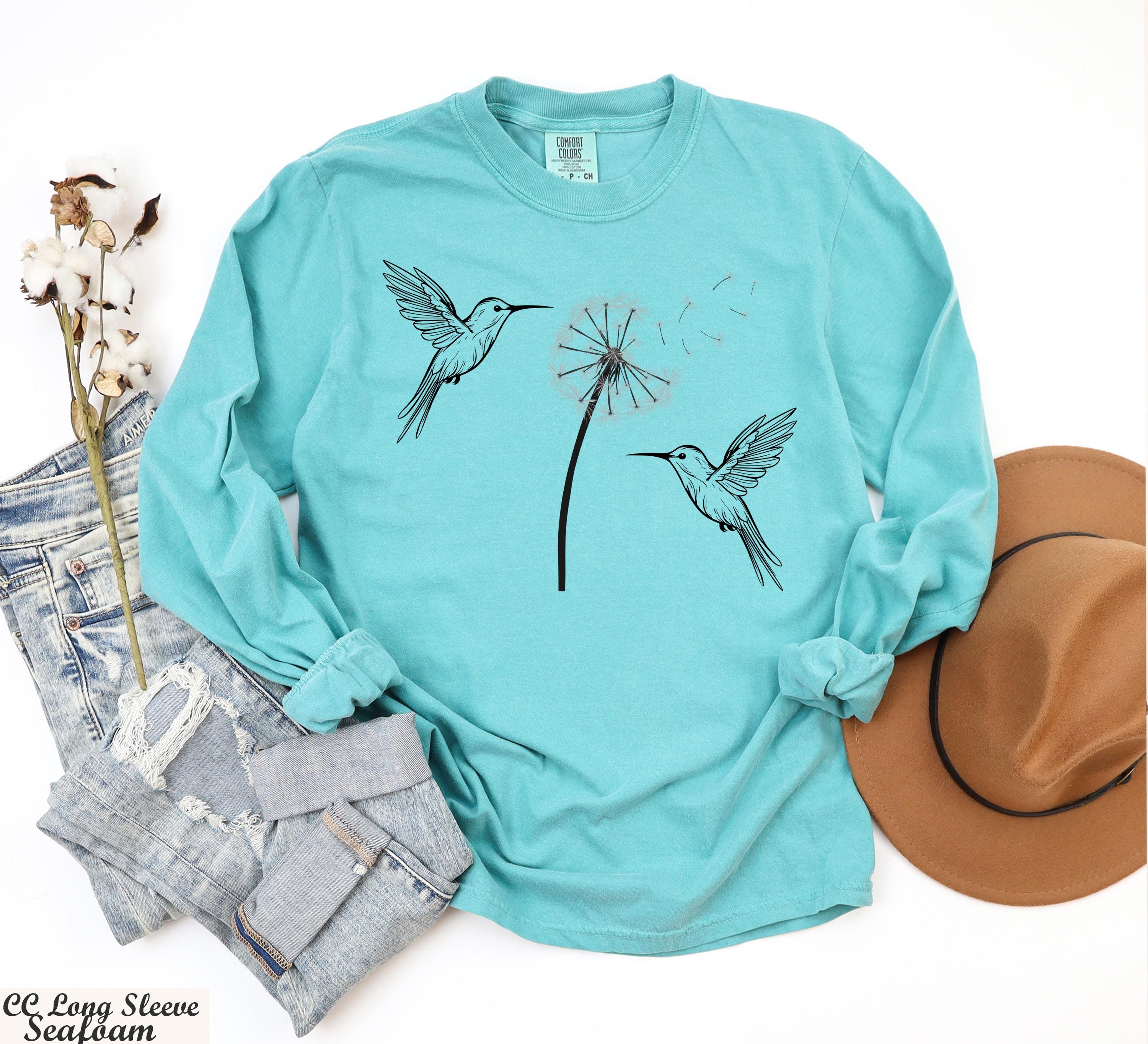 Cute Dandelion Hummingbird Long Sleeve Shirt,Hummingbird Dandelion Sweater,Nature Lovers Tee Sweater,Womens Fall Gift,Cozy Boho Chic Outfit