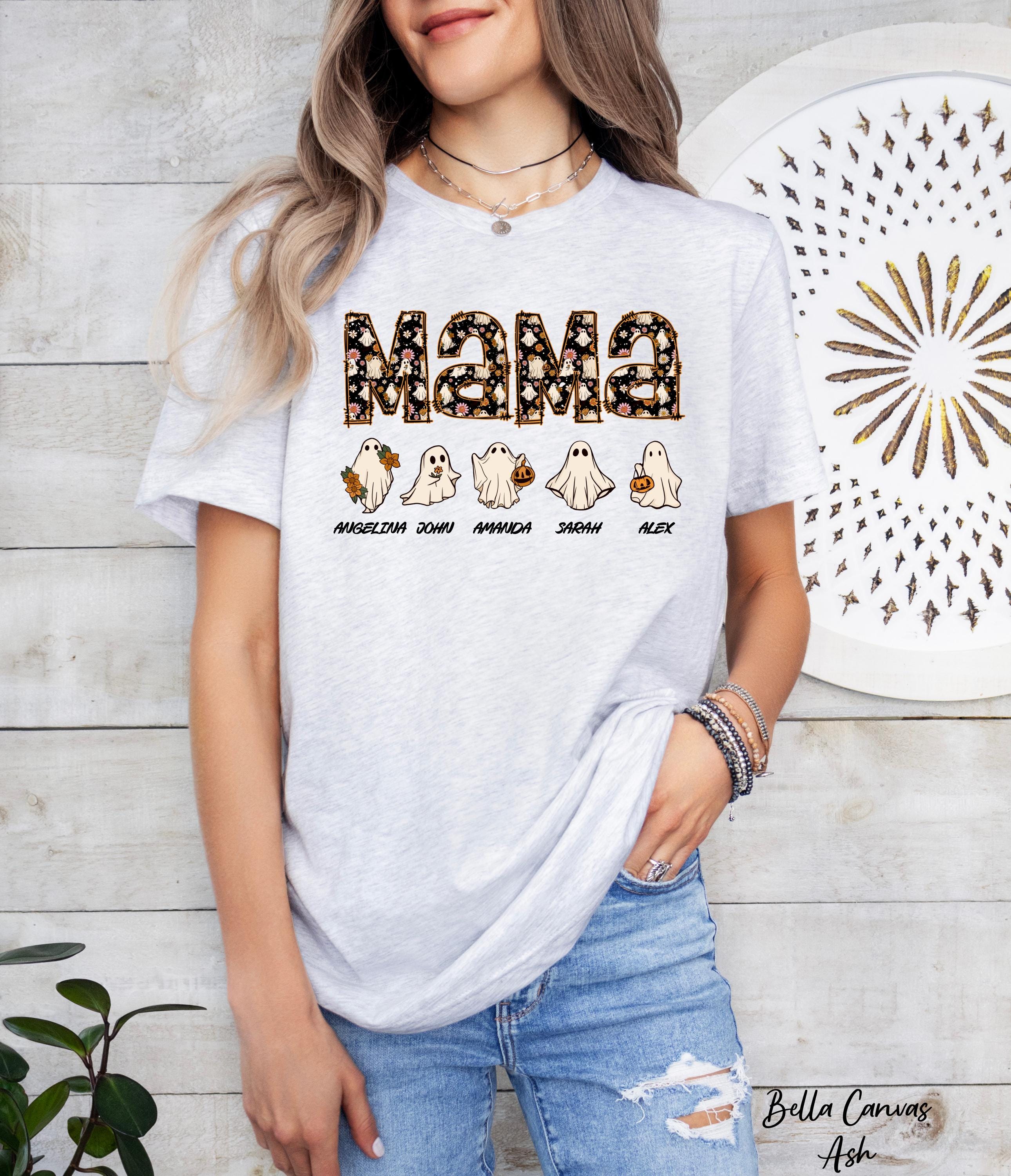 Halloween Mama Shirt with Kids Name Shirt,Halloween Gift for Mom,Cute Mom Shirt, Funny Ghost Mama Shirt, Personalized Halloween Mama Shirt