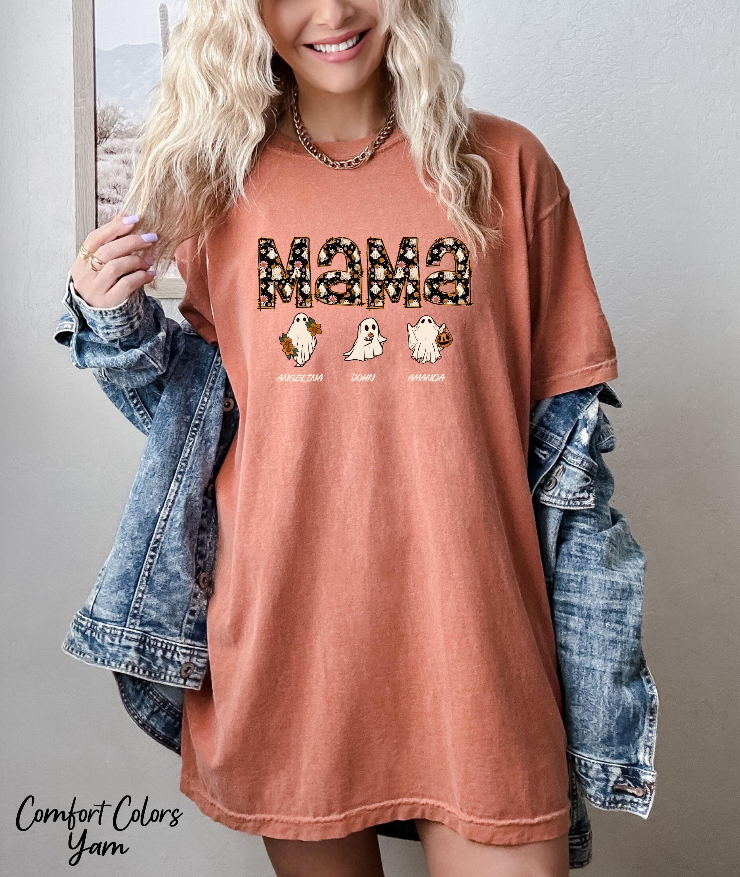 Halloween Mama Shirt with Kids Name Shirt,Halloween Gift for Mom,Cute Mom Shirt, Funny Ghost Mama Shirt, Personalized Halloween Mama Shirt