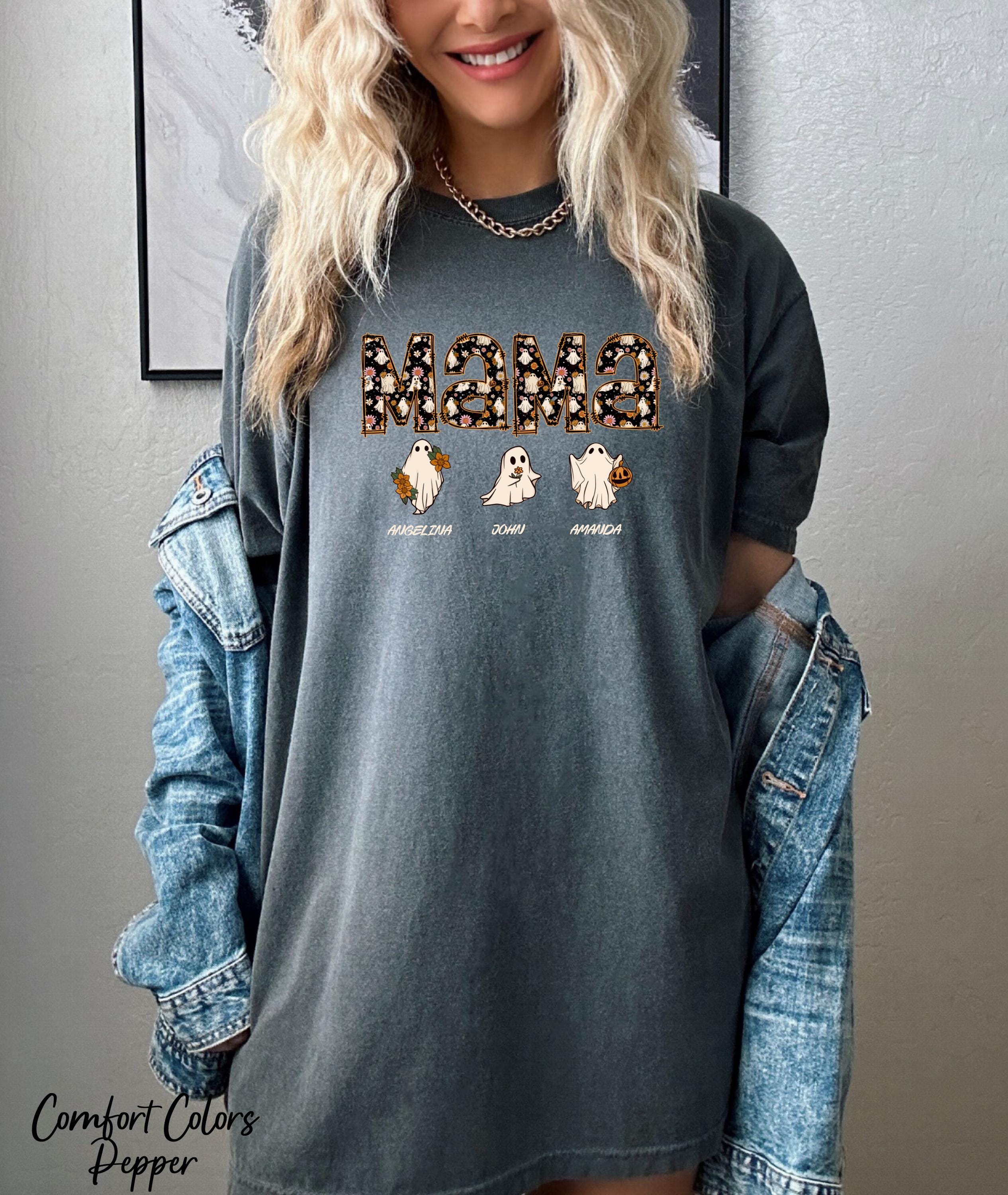 Halloween Mama Shirt with Kids Name Shirt,Halloween Gift for Mom,Cute Mom Shirt, Funny Ghost Mama Shirt, Personalized Halloween Mama Shirt
