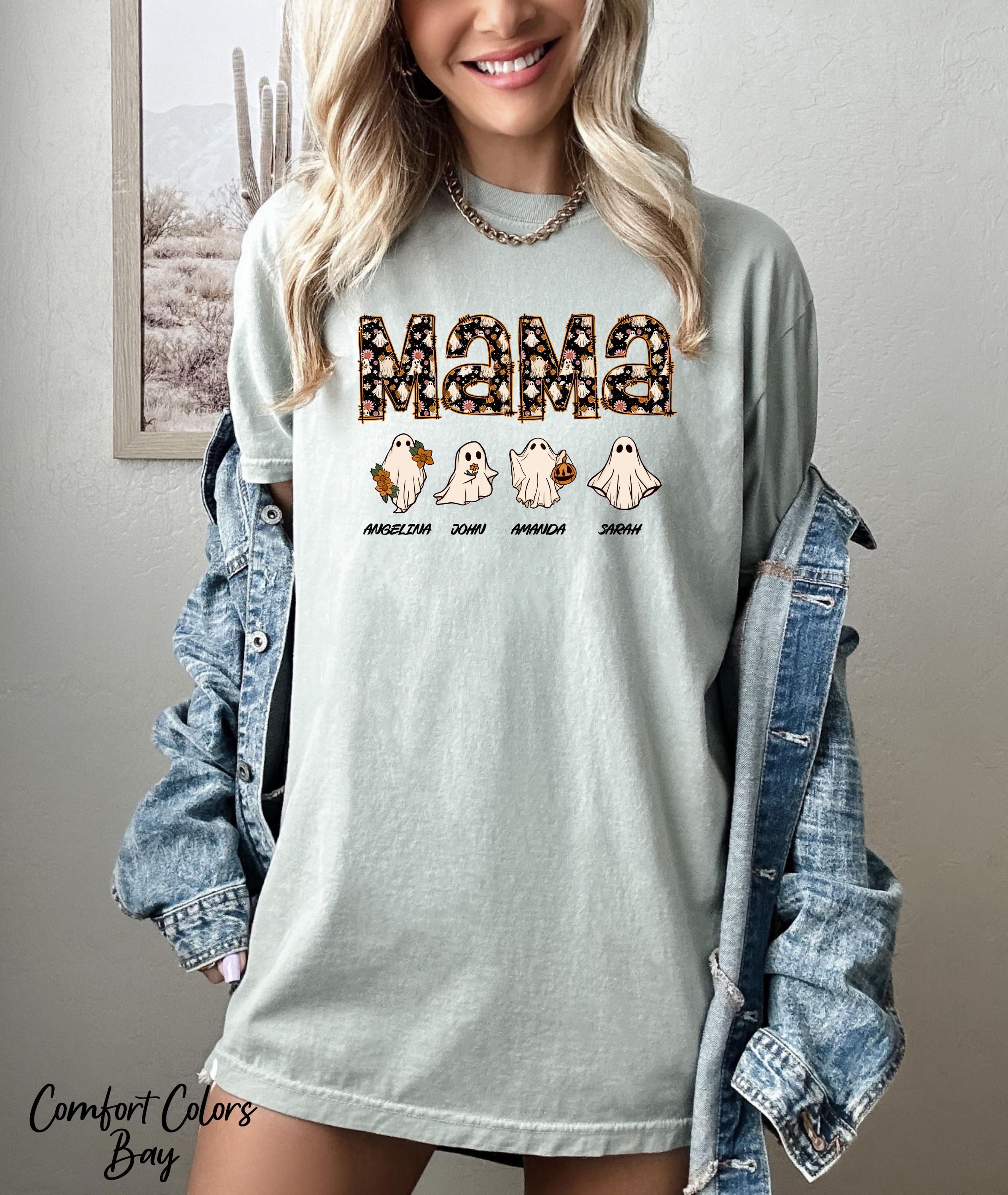 Halloween Mama Shirt with Kids Name Shirt,Halloween Gift for Mom,Cute Mom Shirt, Funny Ghost Mama Shirt, Personalized Halloween Mama Shirt