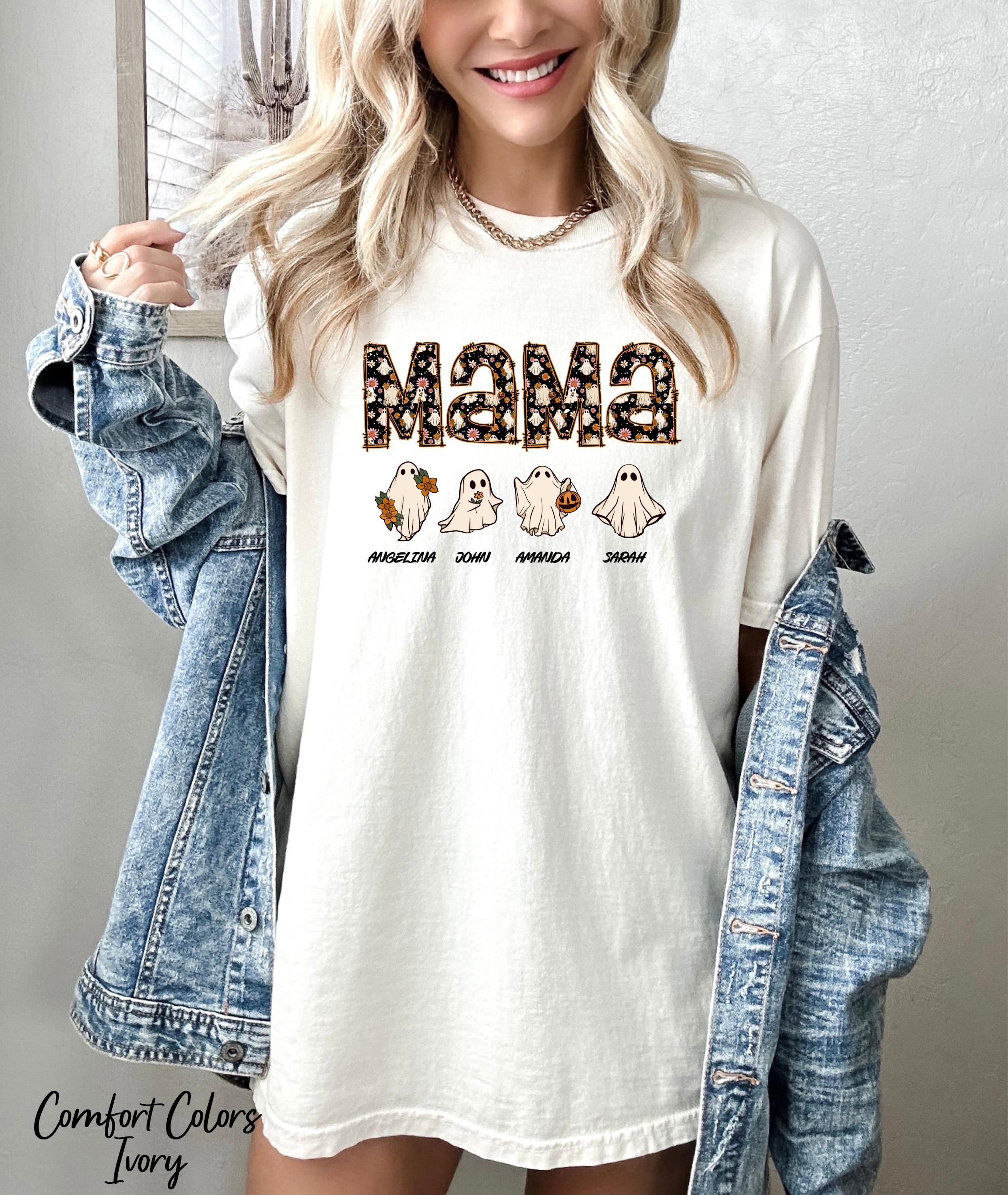 Halloween Mama Shirt with Kids Name Shirt,Halloween Gift for Mom,Cute Mom Shirt, Funny Ghost Mama Shirt, Personalized Halloween Mama Shirt