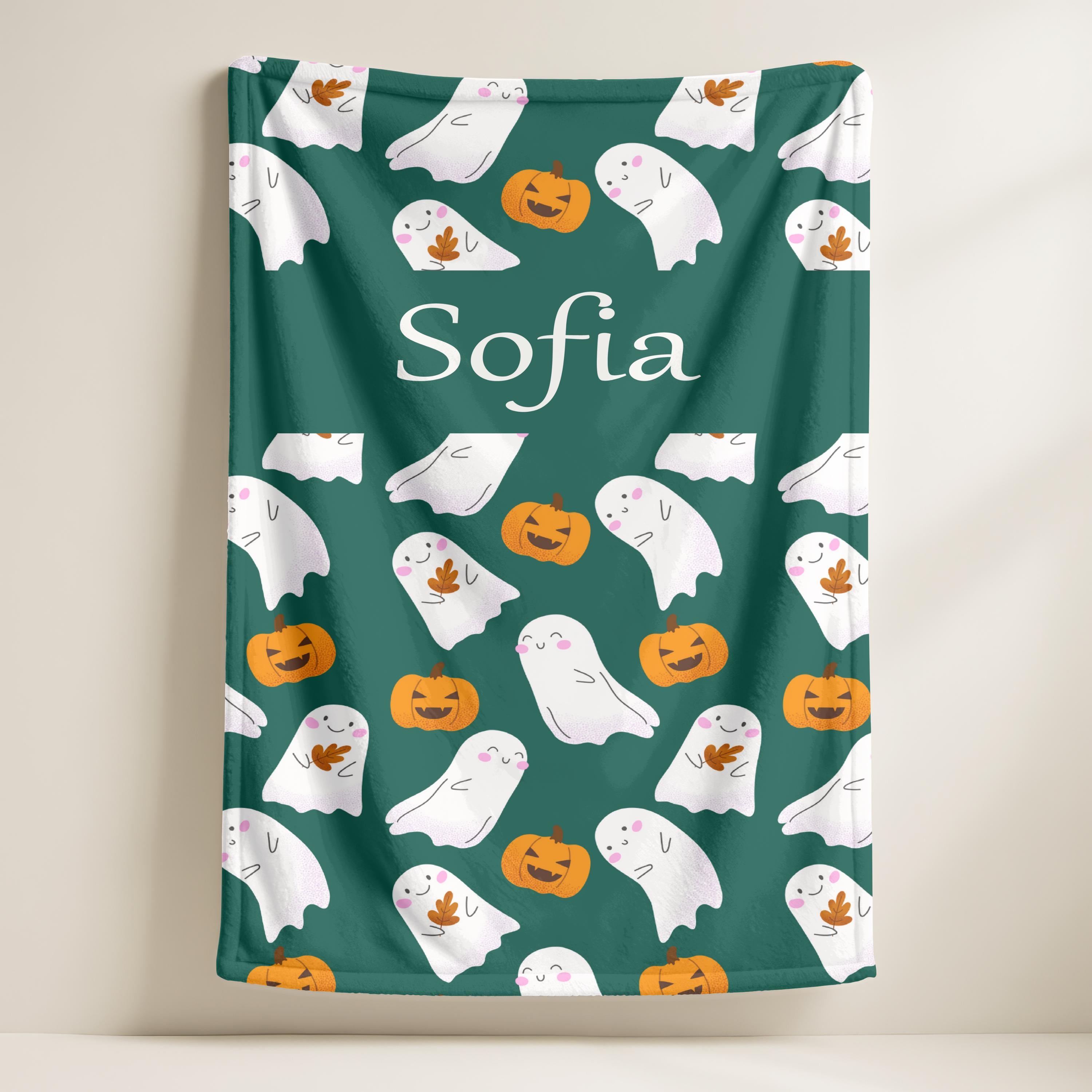 Custom Name Halloween Ghost Blanket,Personalized Halloween Blanket, Cute Ghost and Pumpkin Blanket, Cozy Halloween Velveteen Plush Blanket