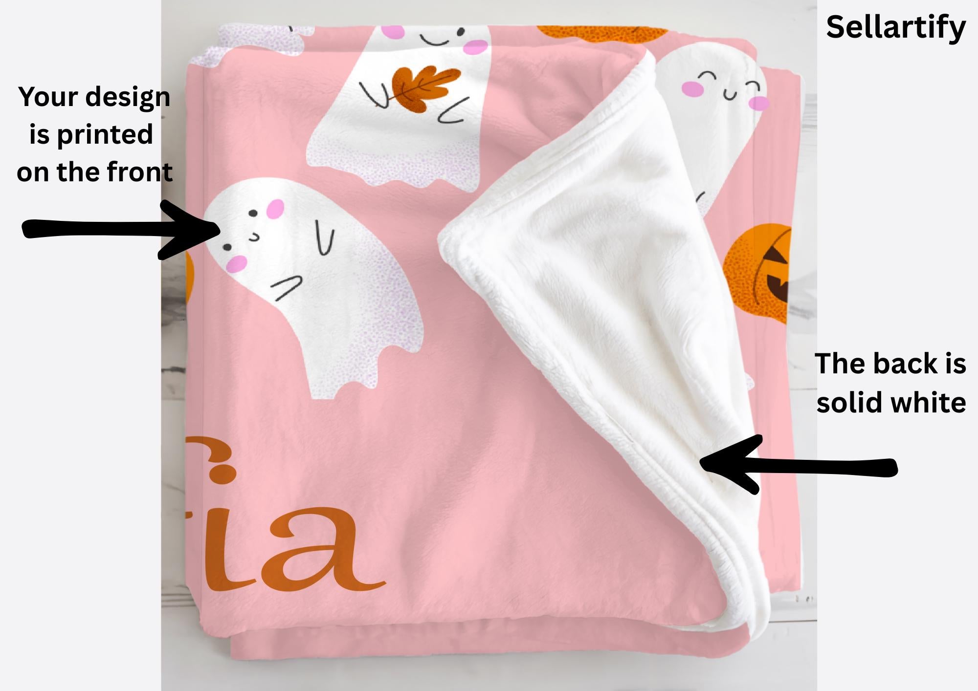 Custom Name Halloween Ghost Blanket,Personalized Halloween Blanket, Cute Ghost and Pumpkin Blanket, Cozy Halloween Velveteen Plush Blanket