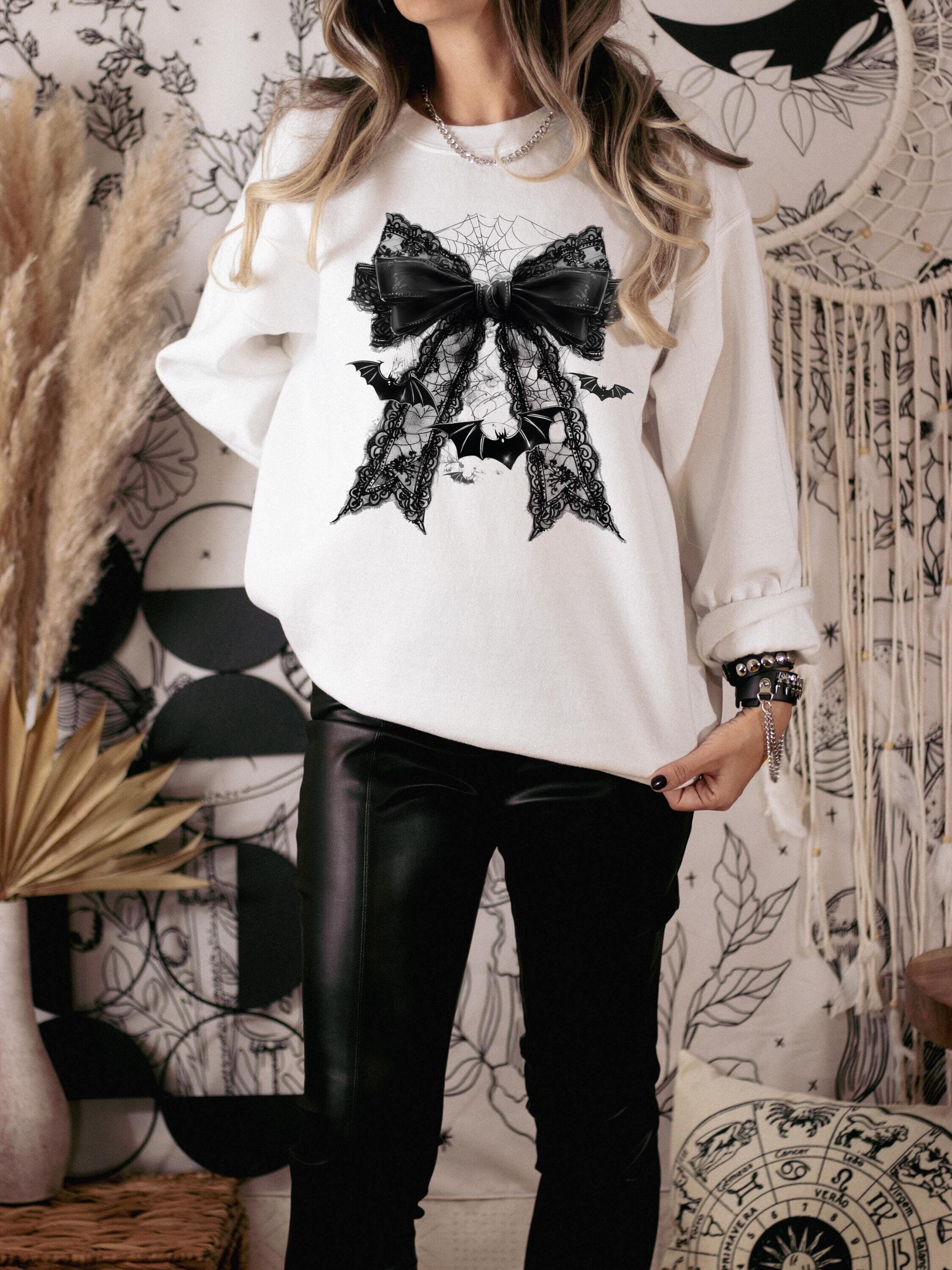 Coquette Bows Crewneck Sweatshirt, Vintage Western Style, Retro Fall Apparel Halloween, Gothic Skull Sweatshirt, Retro Halloween Sweatshirt