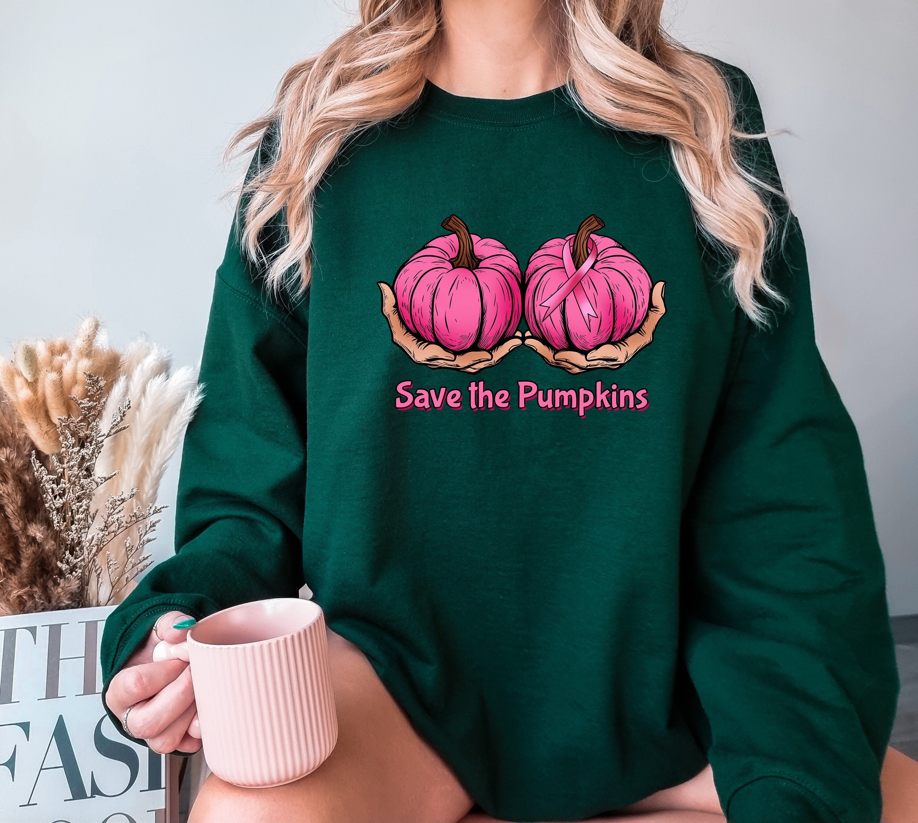 Save The Pumpkins Sweatshirt,Halloween Breast Cancer Awareness Crewneck ,Pink Pumpkins Sweater,Skeleton Breast Sweatshirt,