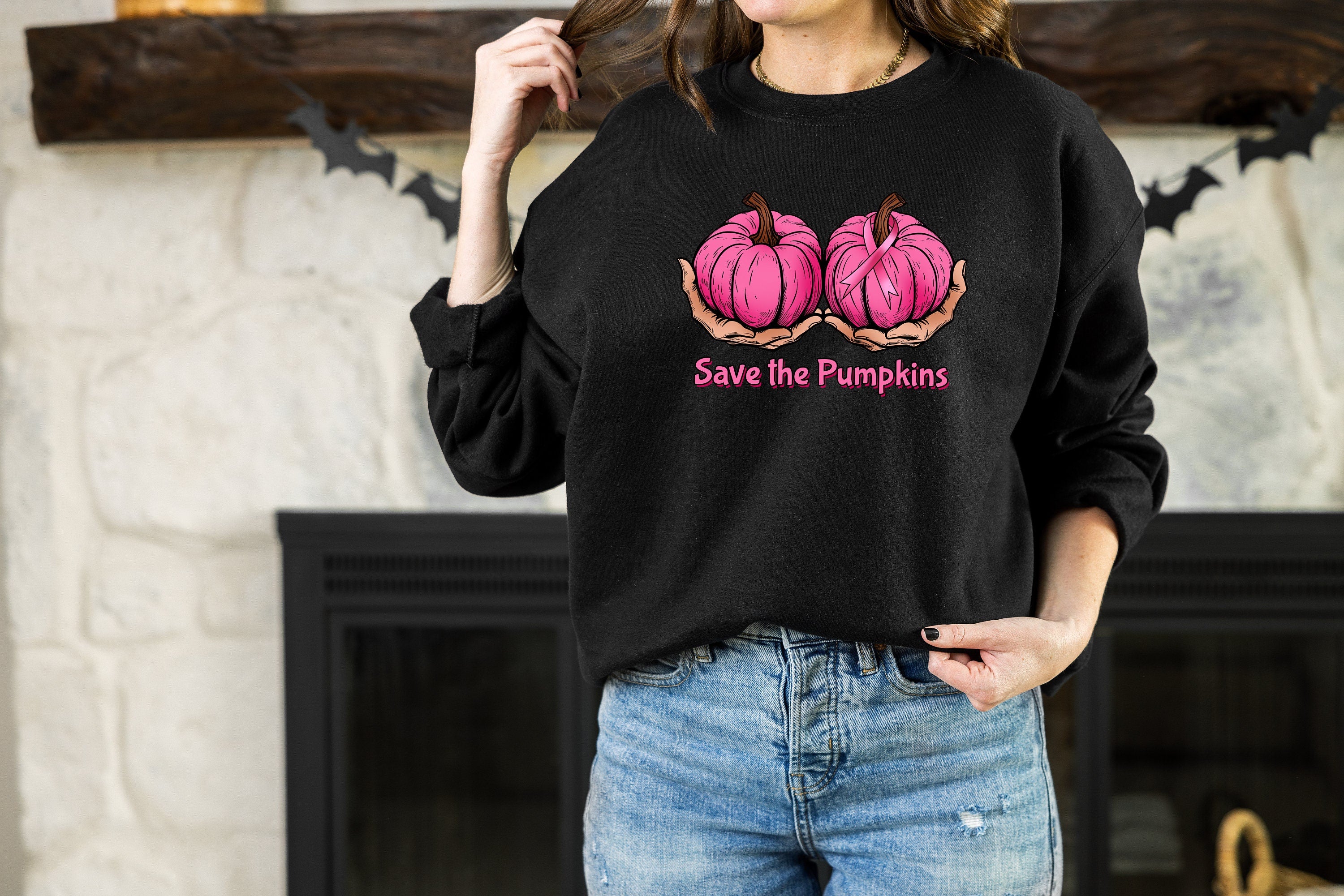 Save The Pumpkins Sweatshirt,Halloween Breast Cancer Awareness Crewneck ,Pink Pumpkins Sweater,Skeleton Breast Sweatshirt,