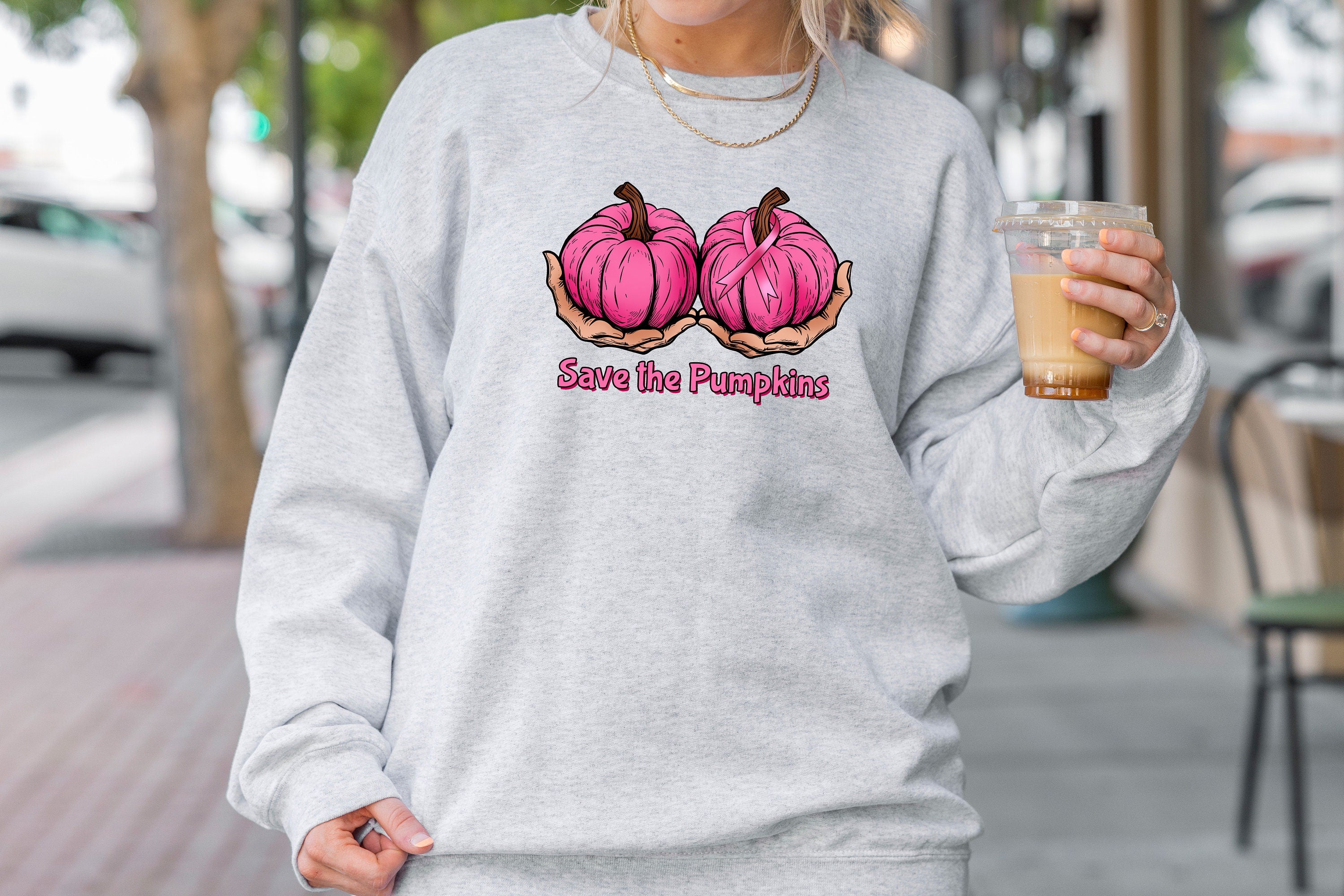 Save The Pumpkins Sweatshirt,Halloween Breast Cancer Awareness Crewneck ,Pink Pumpkins Sweater,Skeleton Breast Sweatshirt,