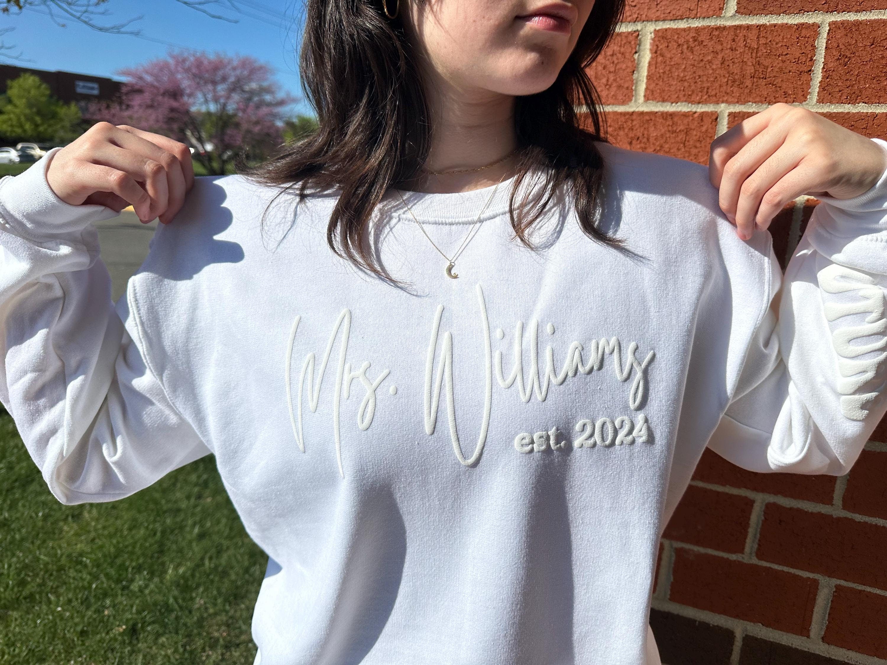 Embossed Mrs Sweatshirt, Personalized Bridal Gift, Bridal Shower Gift, Embossed Wifey Crewneck Sweatshirt, Wedding Gift, Gift for Bride