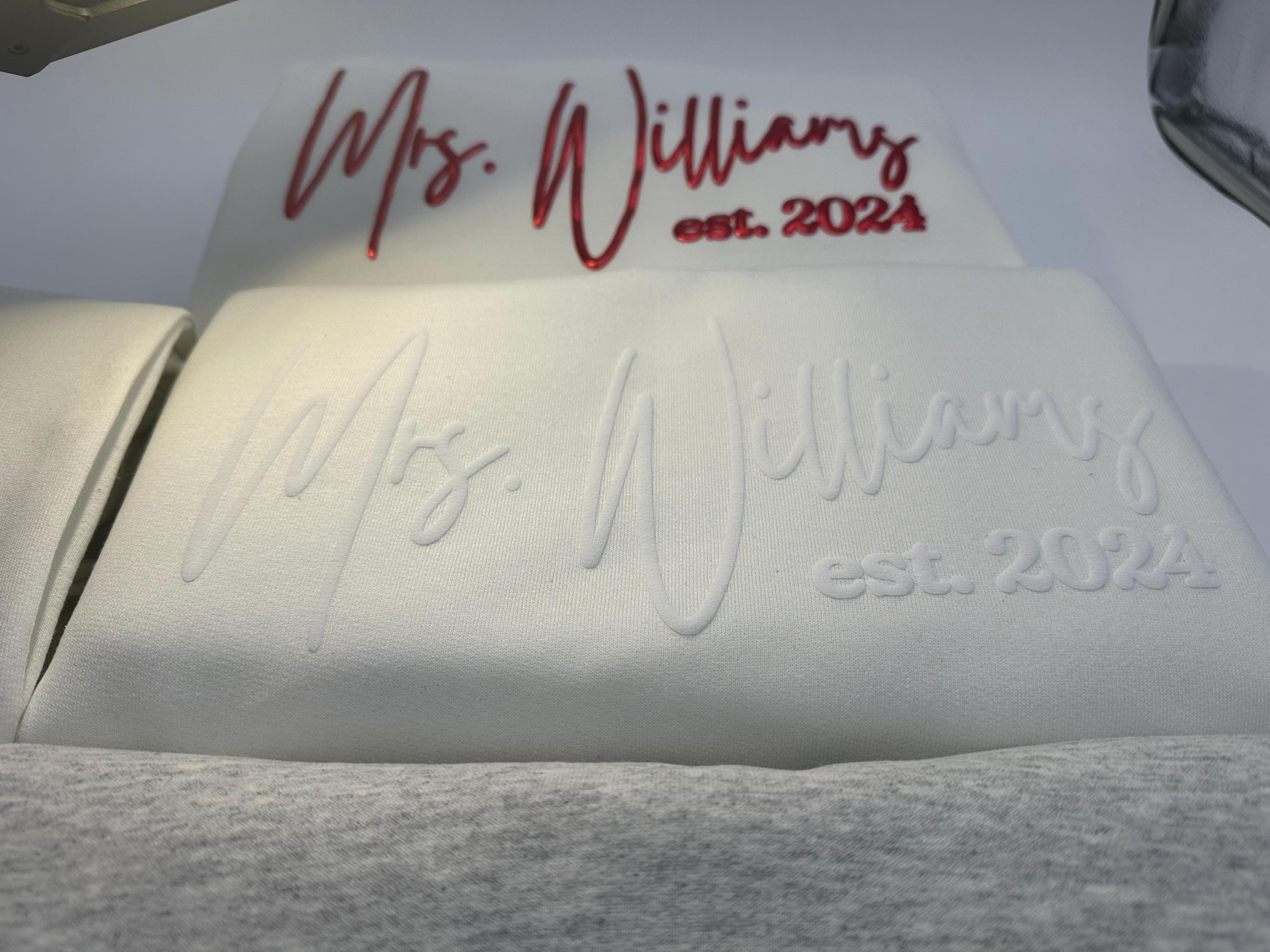 Embossed Mrs Sweatshirt, Personalized Bridal Gift, Bridal Shower Gift, Embossed Wifey Crewneck Sweatshirt, Wedding Gift, Gift for Bride