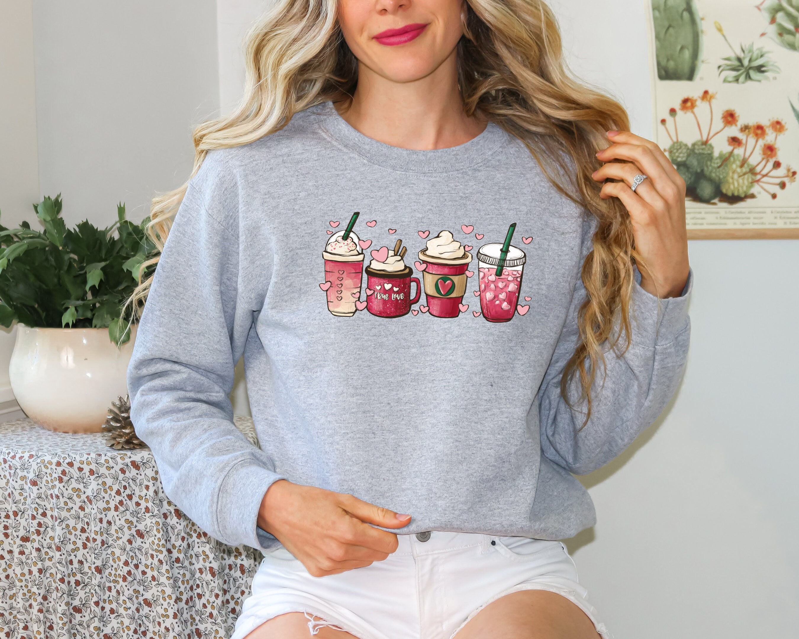 Womens Valentines Day Sweatshirt, Valentine Coffee Sweatshirt, Womens Valentines Day Sweater, Cute Valentines Day Cup Sweatshirt