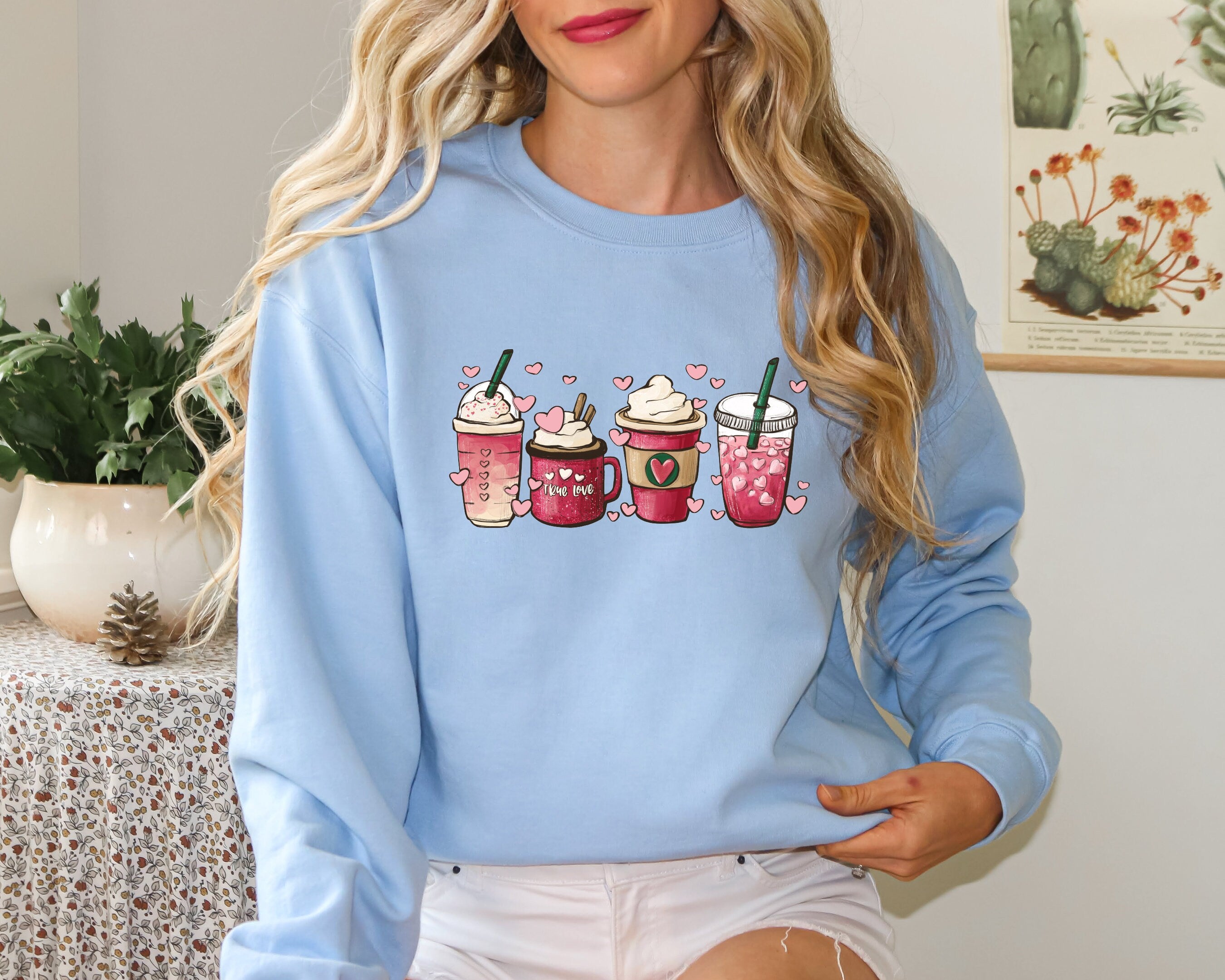 Womens Valentines Day Sweatshirt, Valentine Coffee Sweatshirt, Womens Valentines Day Sweater, Cute Valentines Day Cup Sweatshirt