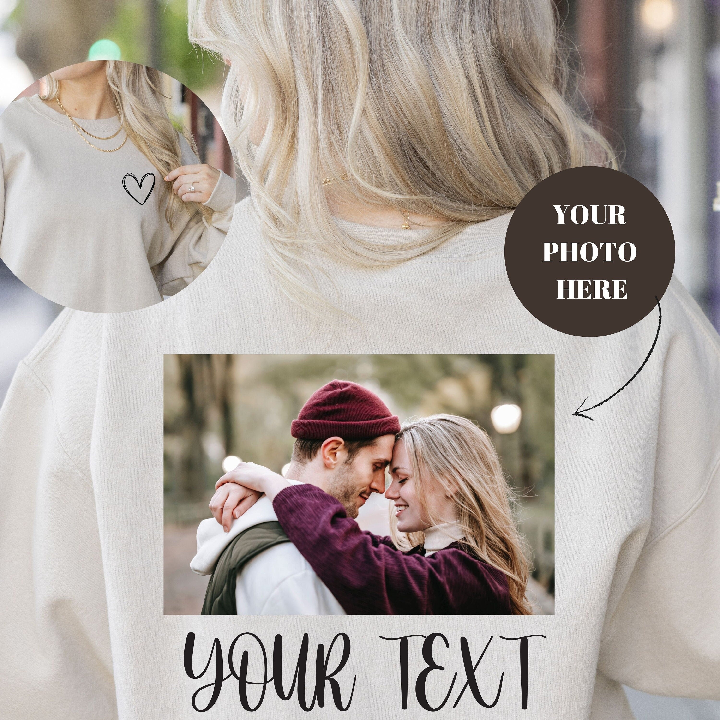 Front heart and Back Custom Photo and Text Sweatshirt, Picture Sweatshirt,  Photo Crewneck, Your Photo and Text, Custom Picture Sweater