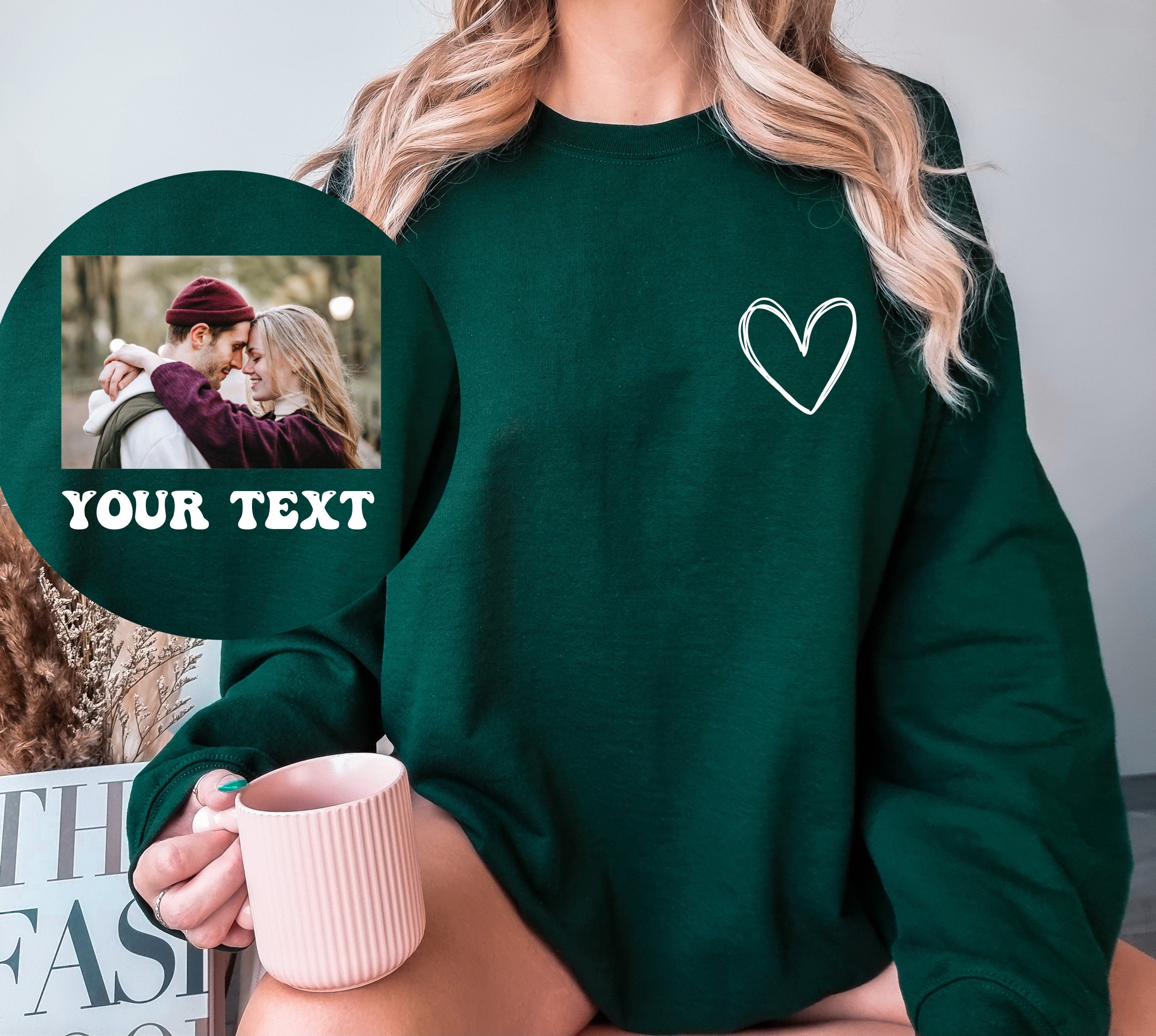 Front heart and Back Custom Photo and Text Sweatshirt, Picture Sweatshirt,  Photo Crewneck, Your Photo and Text, Custom Picture Sweater