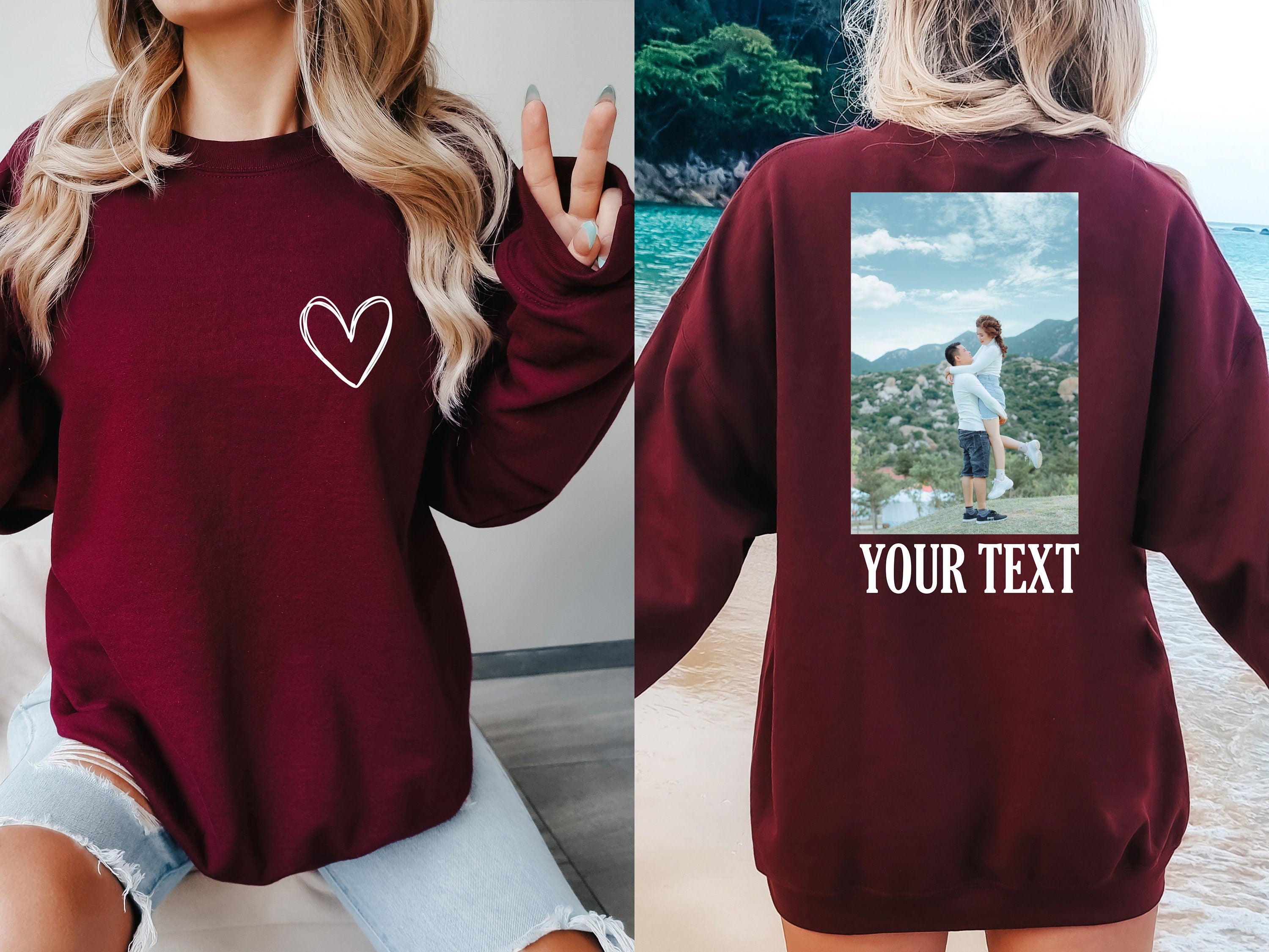 Front heart and Back Custom Photo and Text Sweatshirt, Picture Sweatshirt,  Photo Crewneck, Your Photo and Text, Custom Picture Sweater