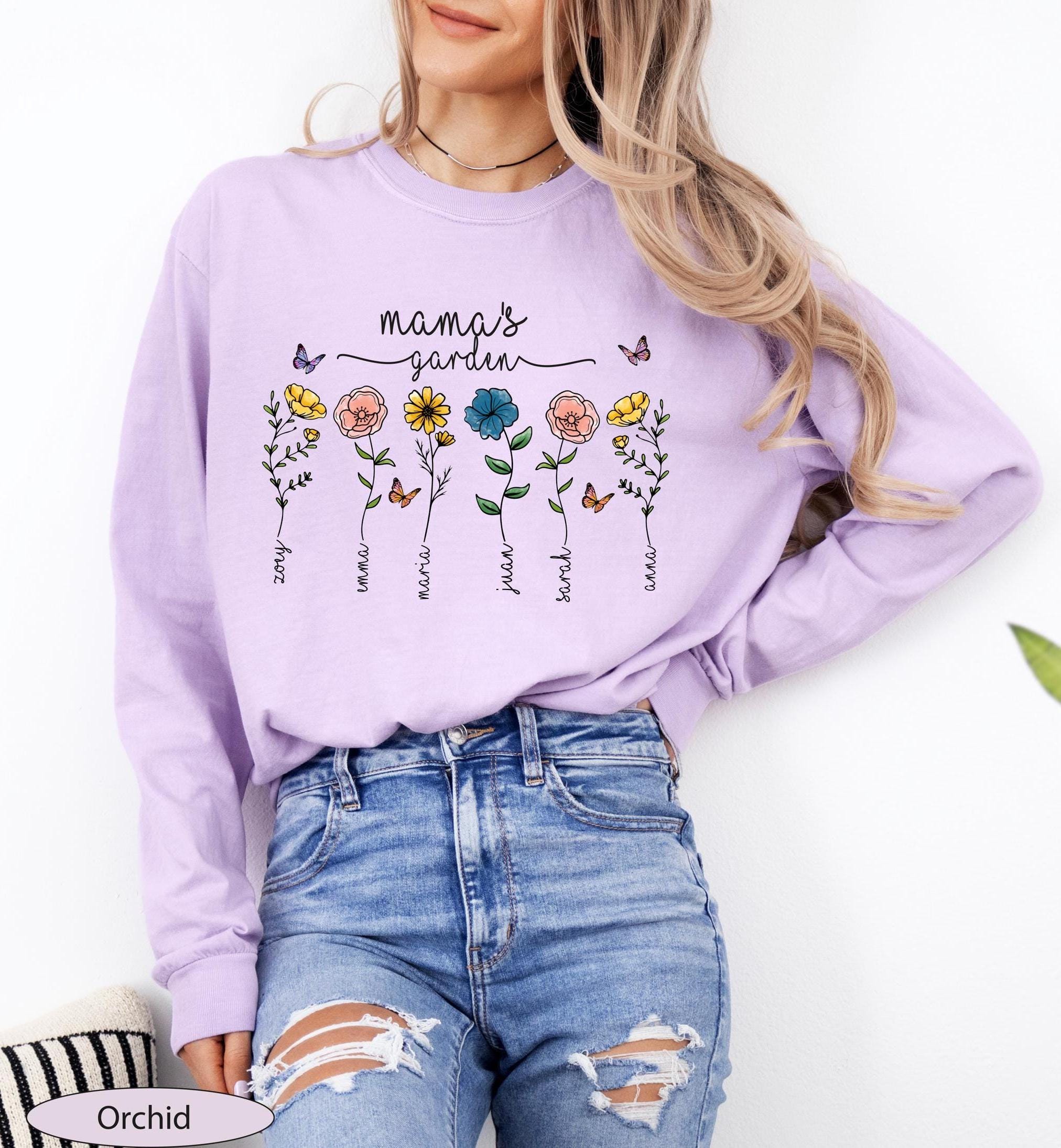 Custom Mama’s Garden Birth Flower Long Sleeve Tshirt, Personalized Mom Shirt, Custom Floral Mom Long Sleeve with Kids Name, Grandma Gift
