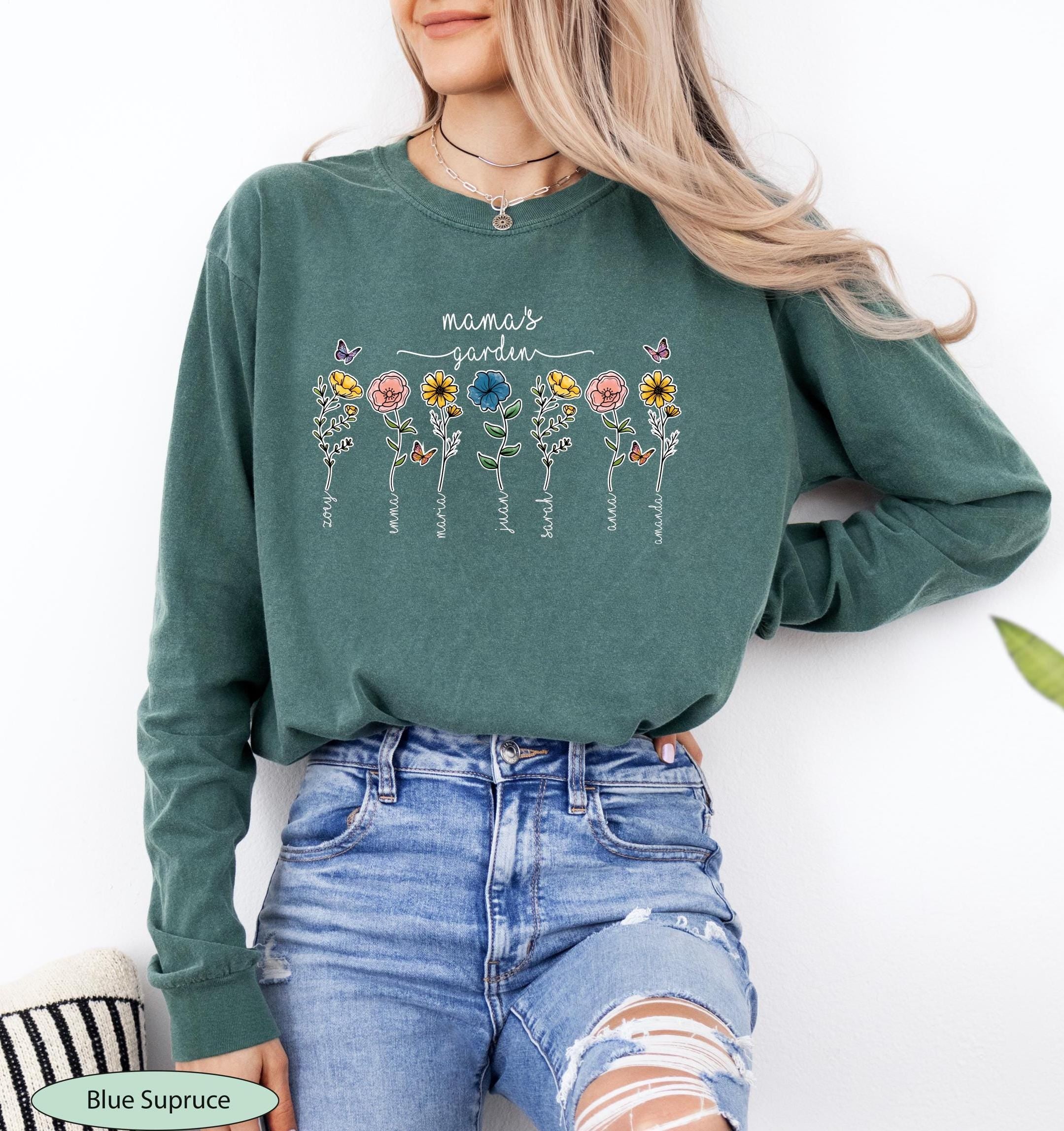 Custom Mama’s Garden Birth Flower Long Sleeve Tshirt, Personalized Mom Shirt, Custom Floral Mom Long Sleeve with Kids Name, Grandma Gift