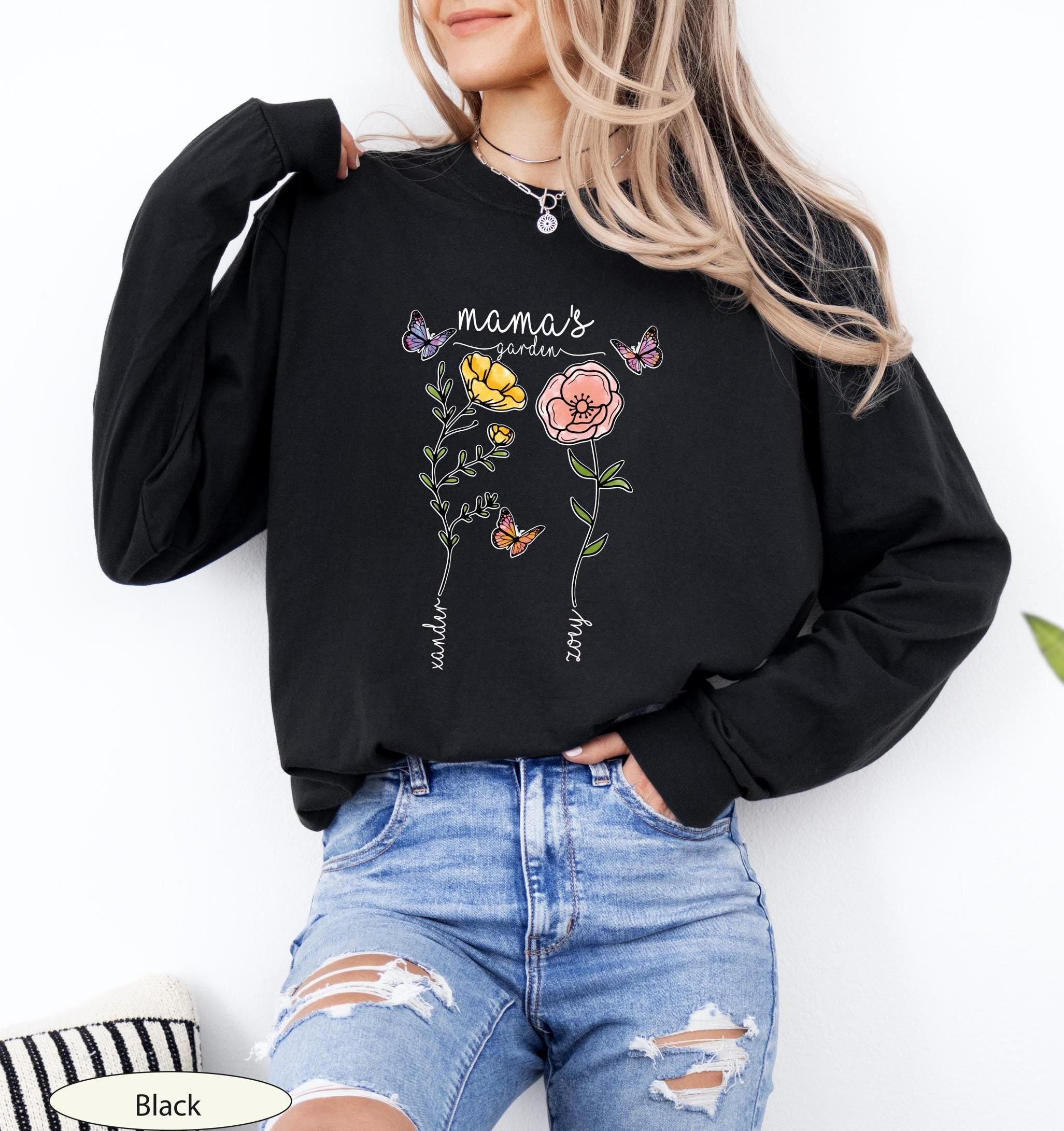 Custom Mama’s Garden Birth Flower Long Sleeve Tshirt, Personalized Mom Shirt, Custom Floral Mom Long Sleeve with Kids Name, Grandma Gift