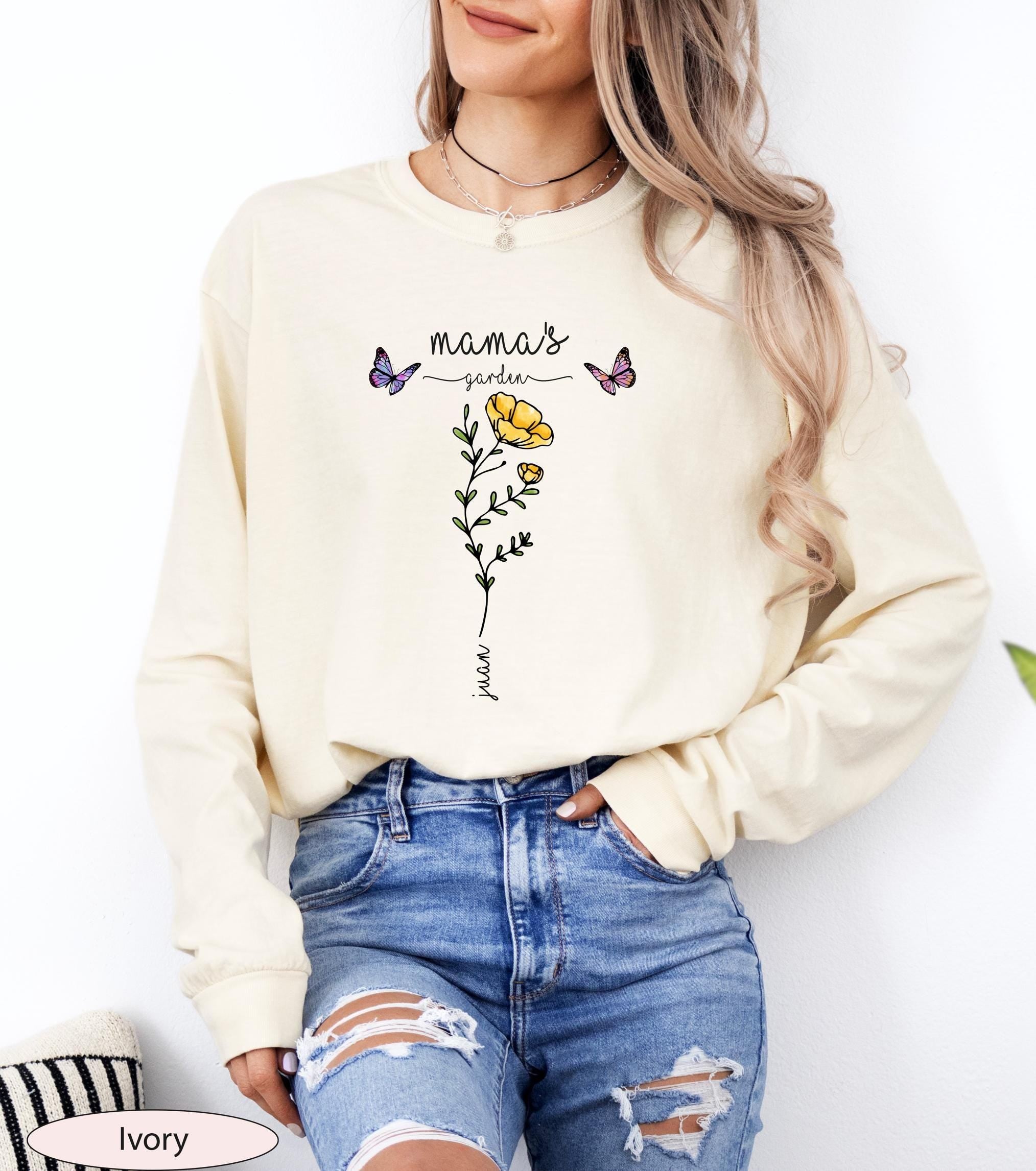 Custom Mama’s Garden Birth Flower Long Sleeve Tshirt, Personalized Mom Shirt, Custom Floral Mom Long Sleeve with Kids Name, Grandma Gift
