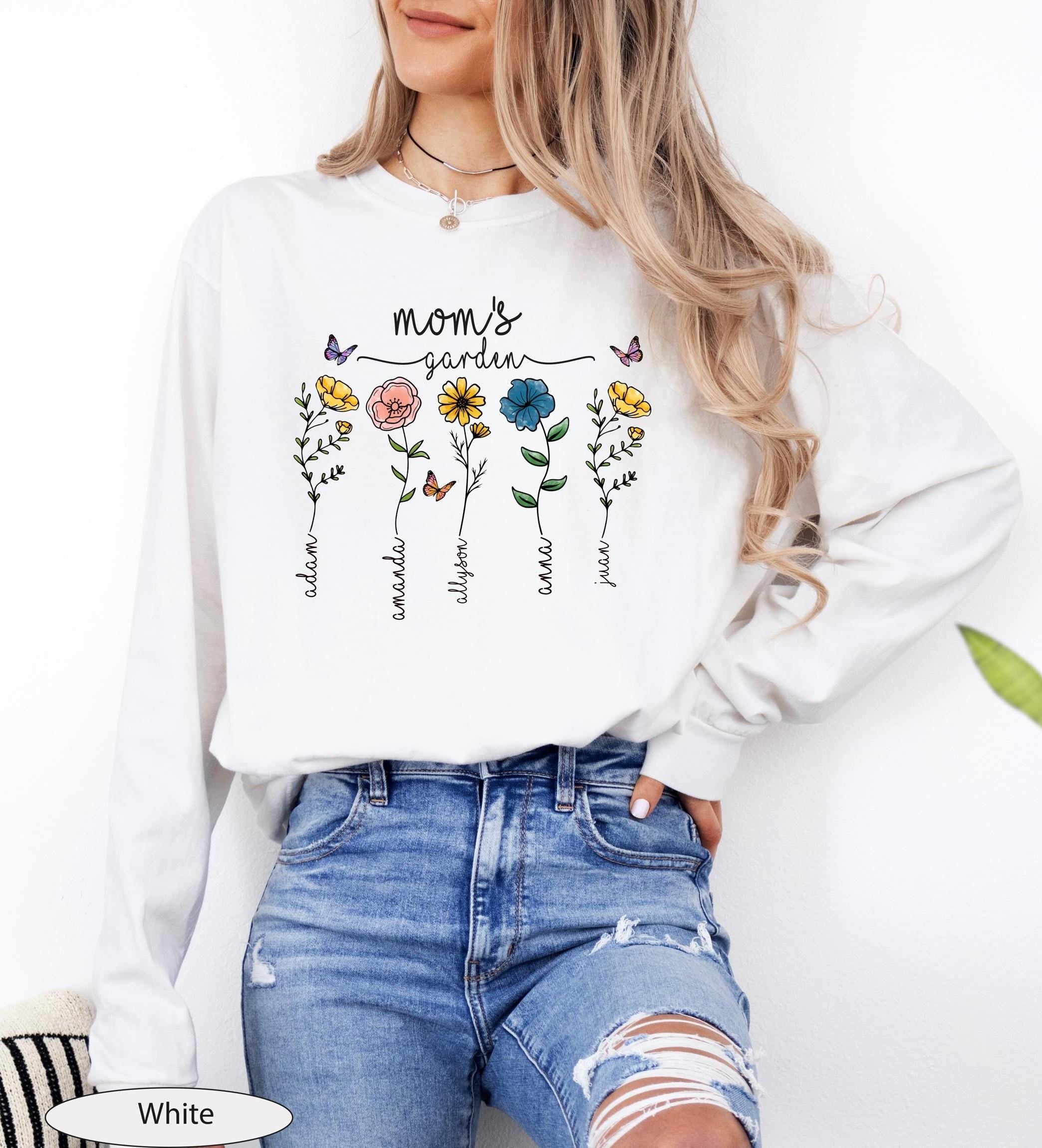 Custom Mama’s Garden Birth Flower Long Sleeve Tshirt, Personalized Mom Shirt, Custom Floral Mom Long Sleeve with Kids Name, Grandma Gift