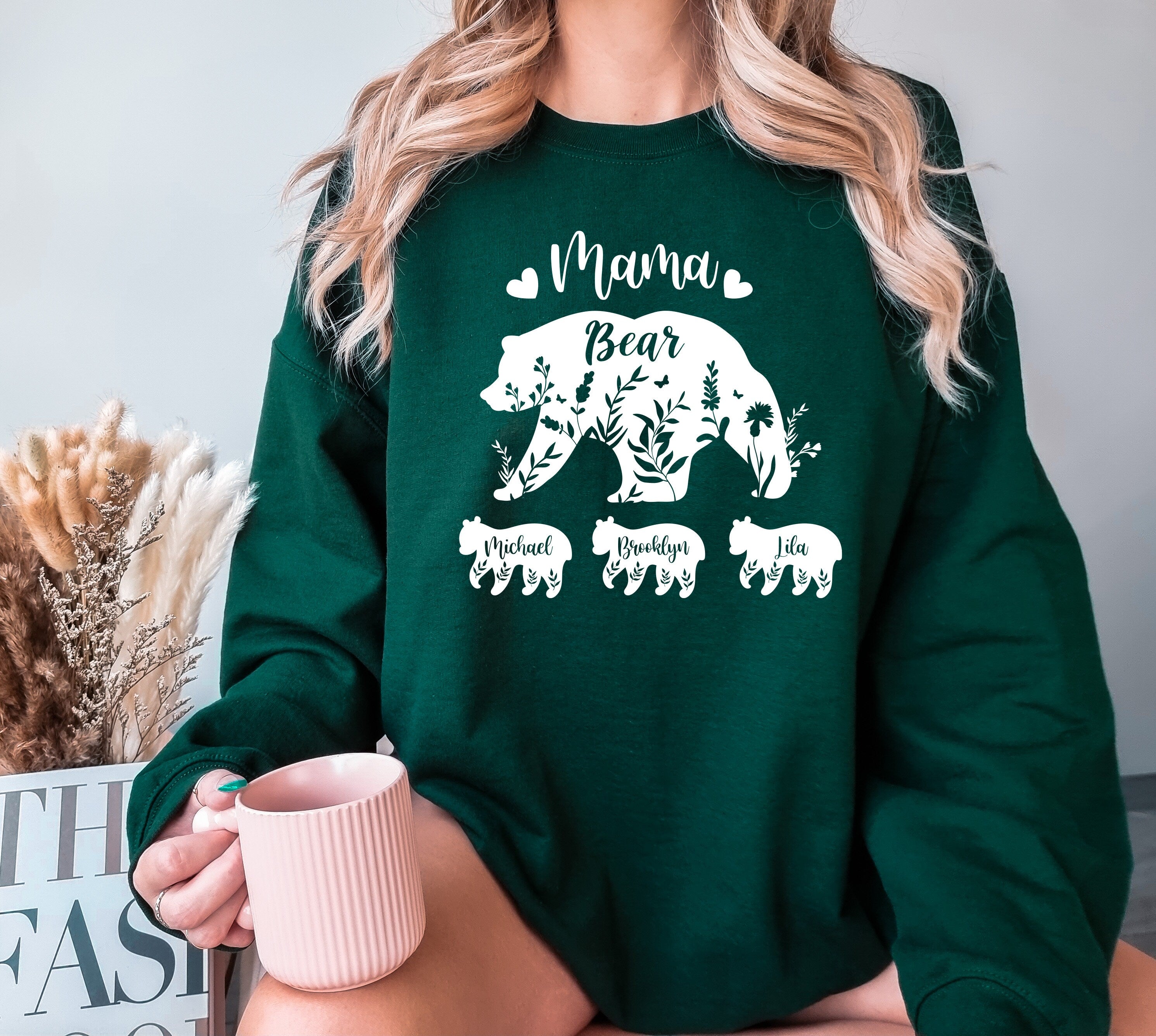 Custom Mama Bear Sweatshirt with Children Name on Bears, Mama Bear Sweatshirt, Ladies long Sleeve,Gift for Mom, Floral Mom Bear Shirt