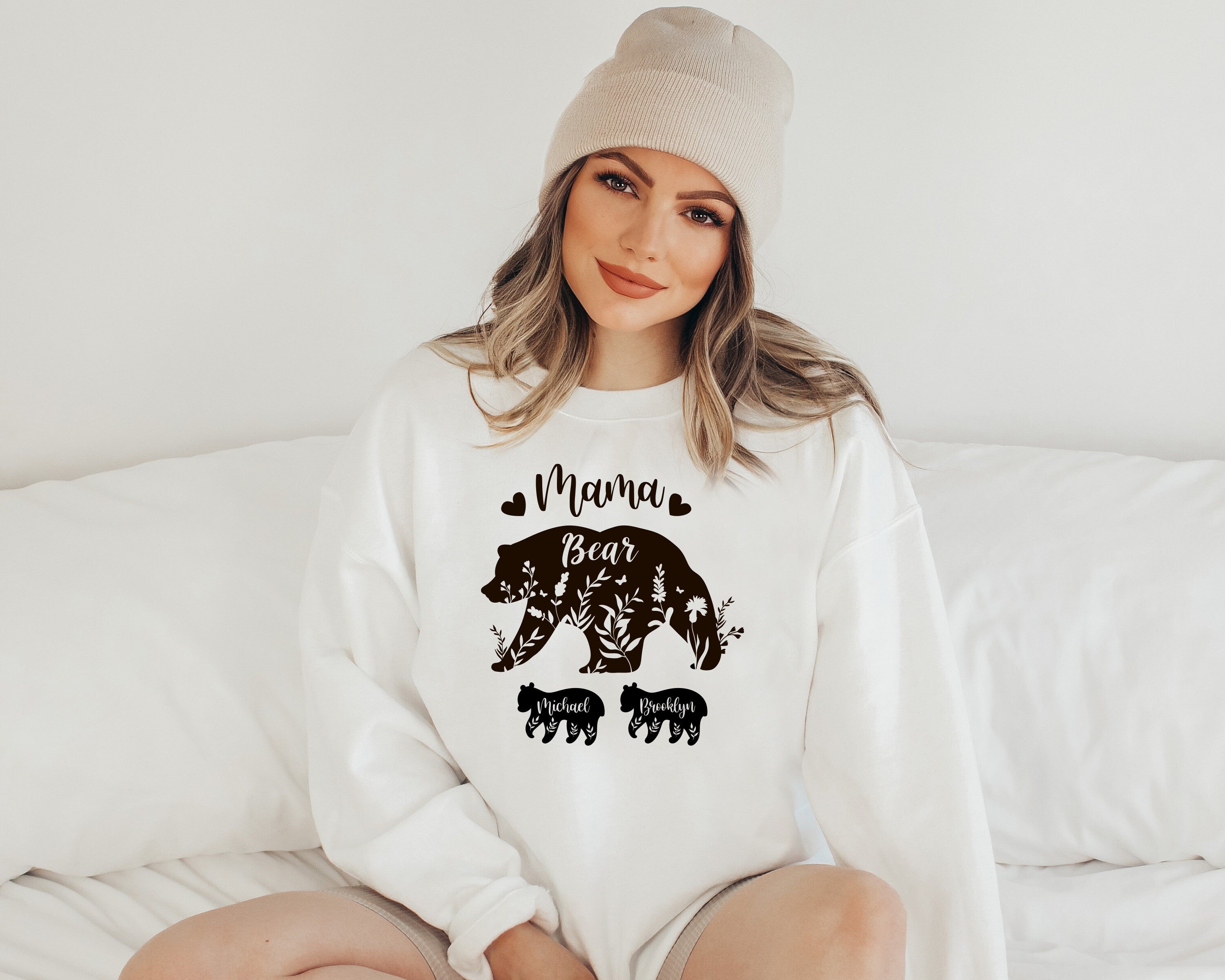 Custom Mama Bear Sweatshirt with Children Name on Bears, Mama Bear Sweatshirt, Ladies long Sleeve,Gift for Mom, Floral Mom Bear Shirt