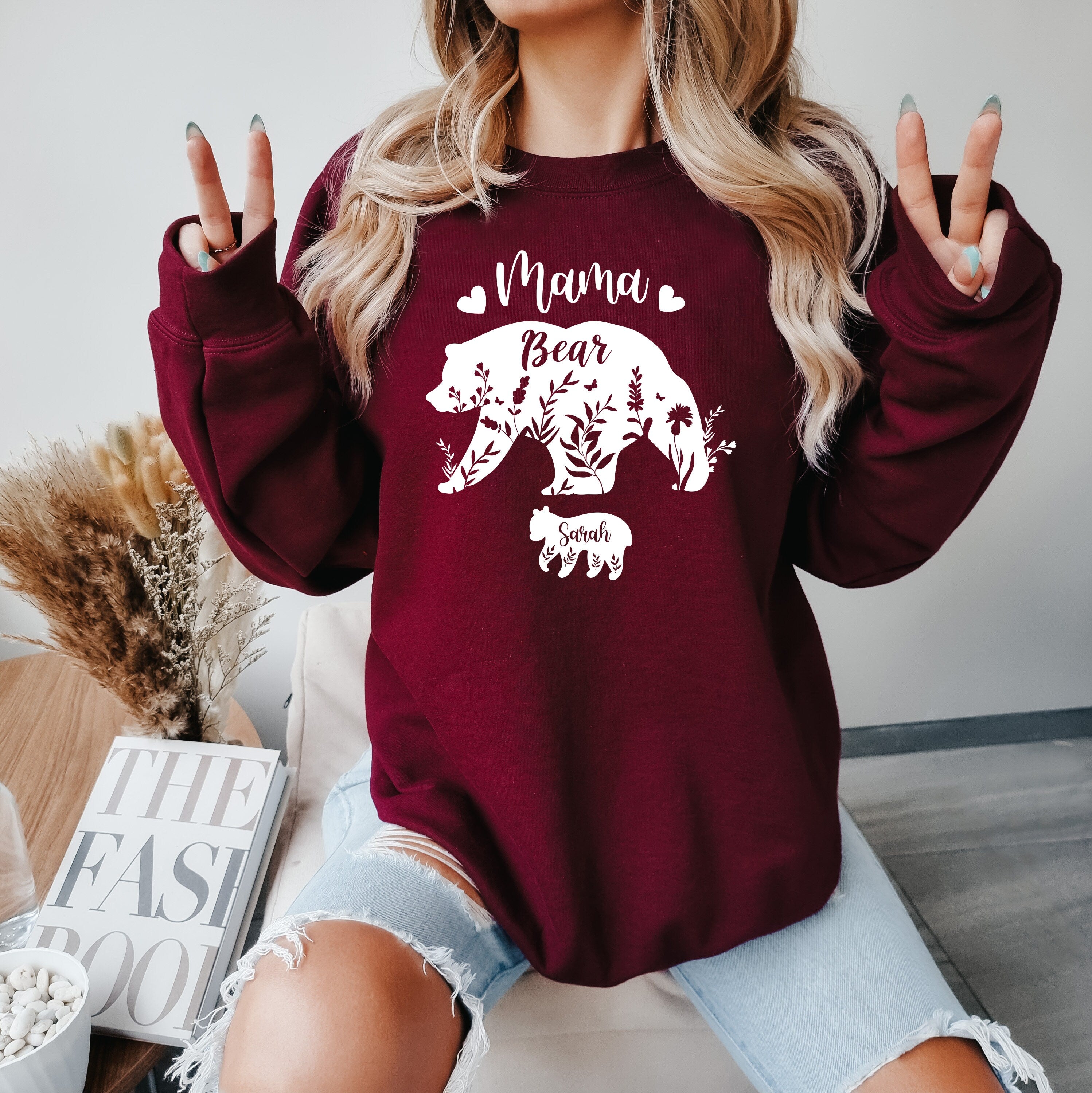 Custom Mama Bear Sweatshirt with Children Name on Bears, Mama Bear Sweatshirt, Ladies long Sleeve,Gift for Mom, Floral Mom Bear Shirt