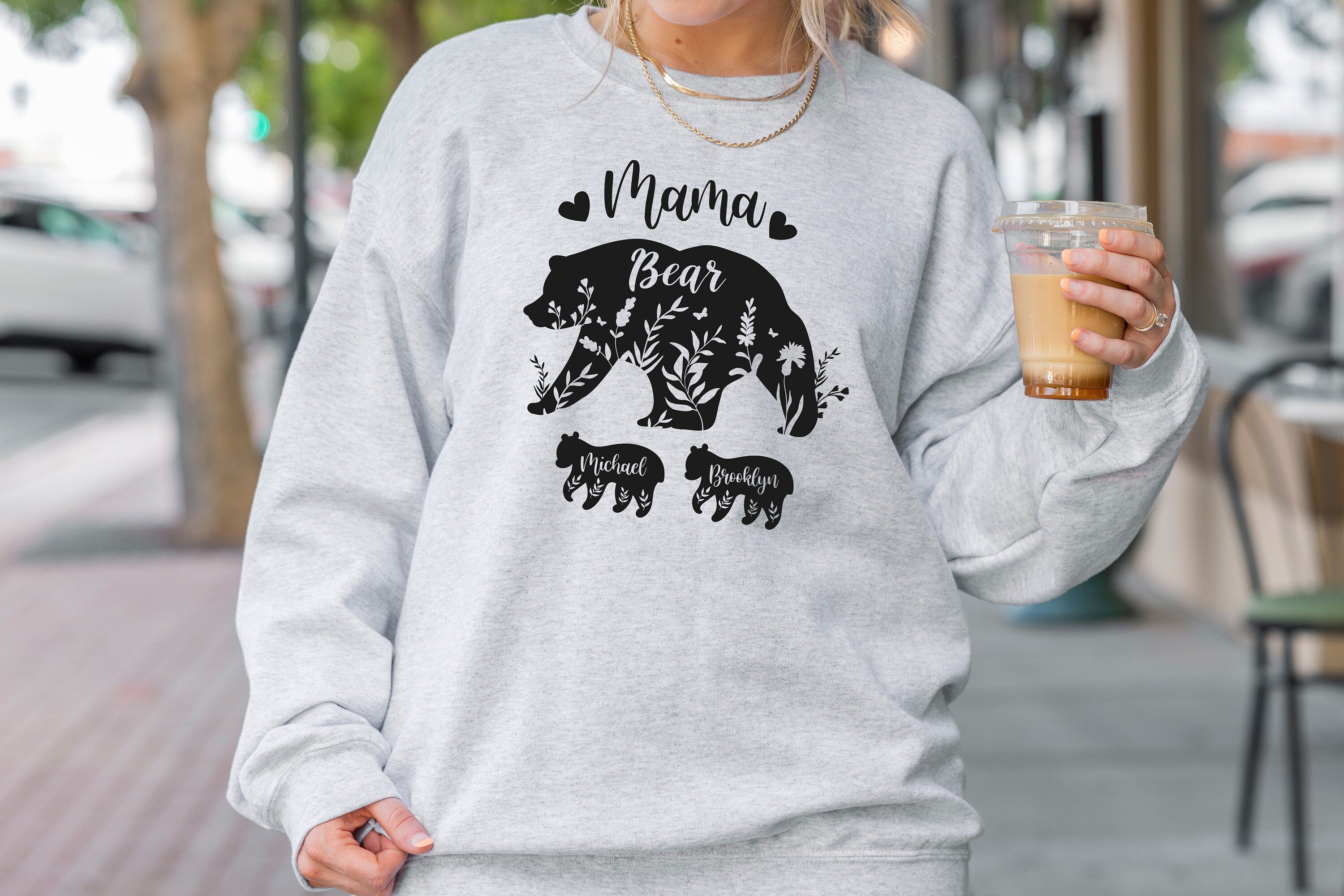 Custom Mama Bear Sweatshirt with Children Name on Bears, Mama Bear Sweatshirt, Ladies long Sleeve,Gift for Mom, Floral Mom Bear Shirt