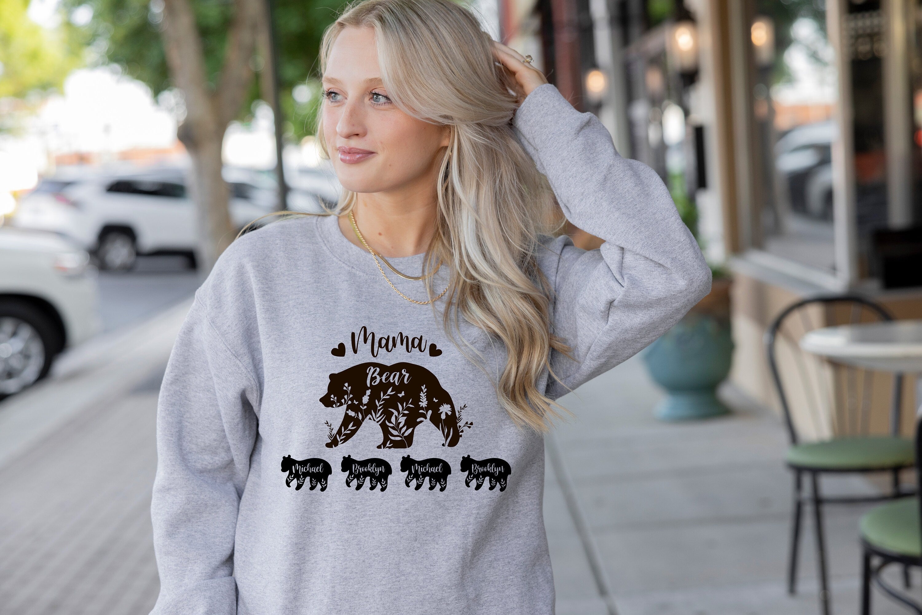 Custom Mama Bear Sweatshirt with Children Name on Bears, Mama Bear Sweatshirt, Ladies long Sleeve,Gift for Mom, Floral Mom Bear Shirt