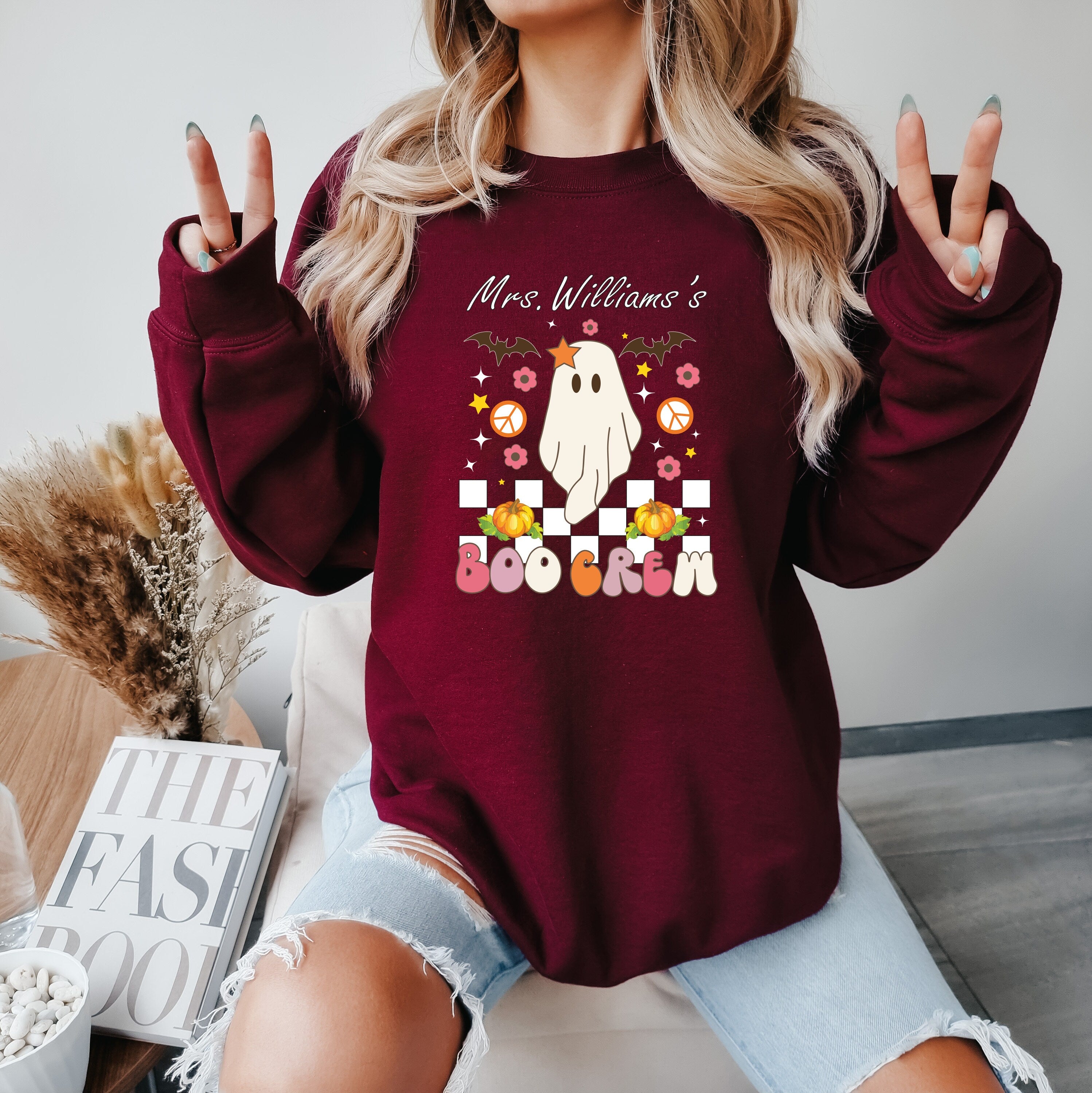 Personalized Spooky Teacher Sweatshirt, Custom Halloween Teacher Sweatshirt, Cute Ghost Teacher, Halloween Crewneck Sweatshirt