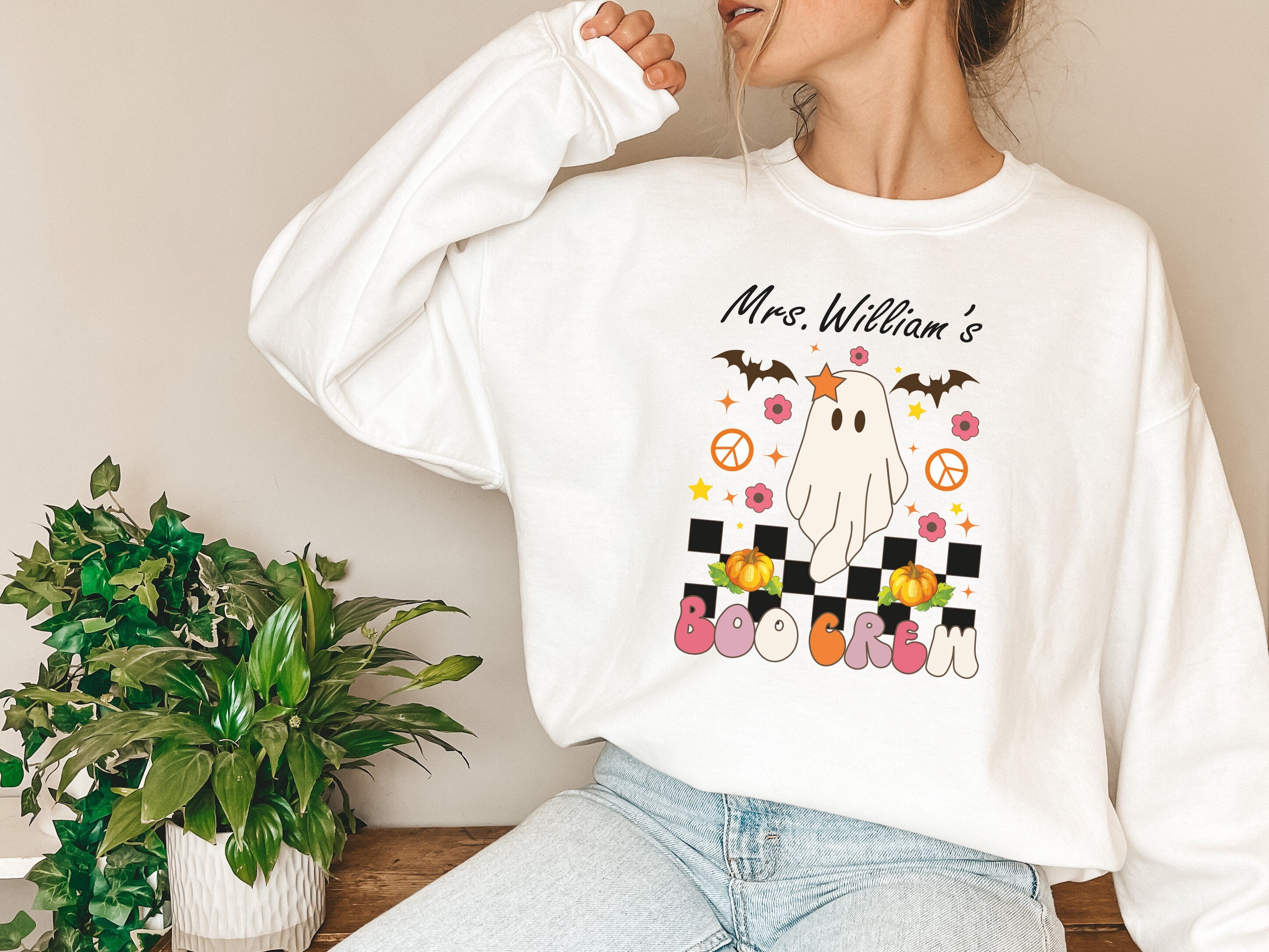 Personalized Spooky Teacher Sweatshirt, Custom Halloween Teacher Sweatshirt, Cute Ghost Teacher, Halloween Crewneck Sweatshirt