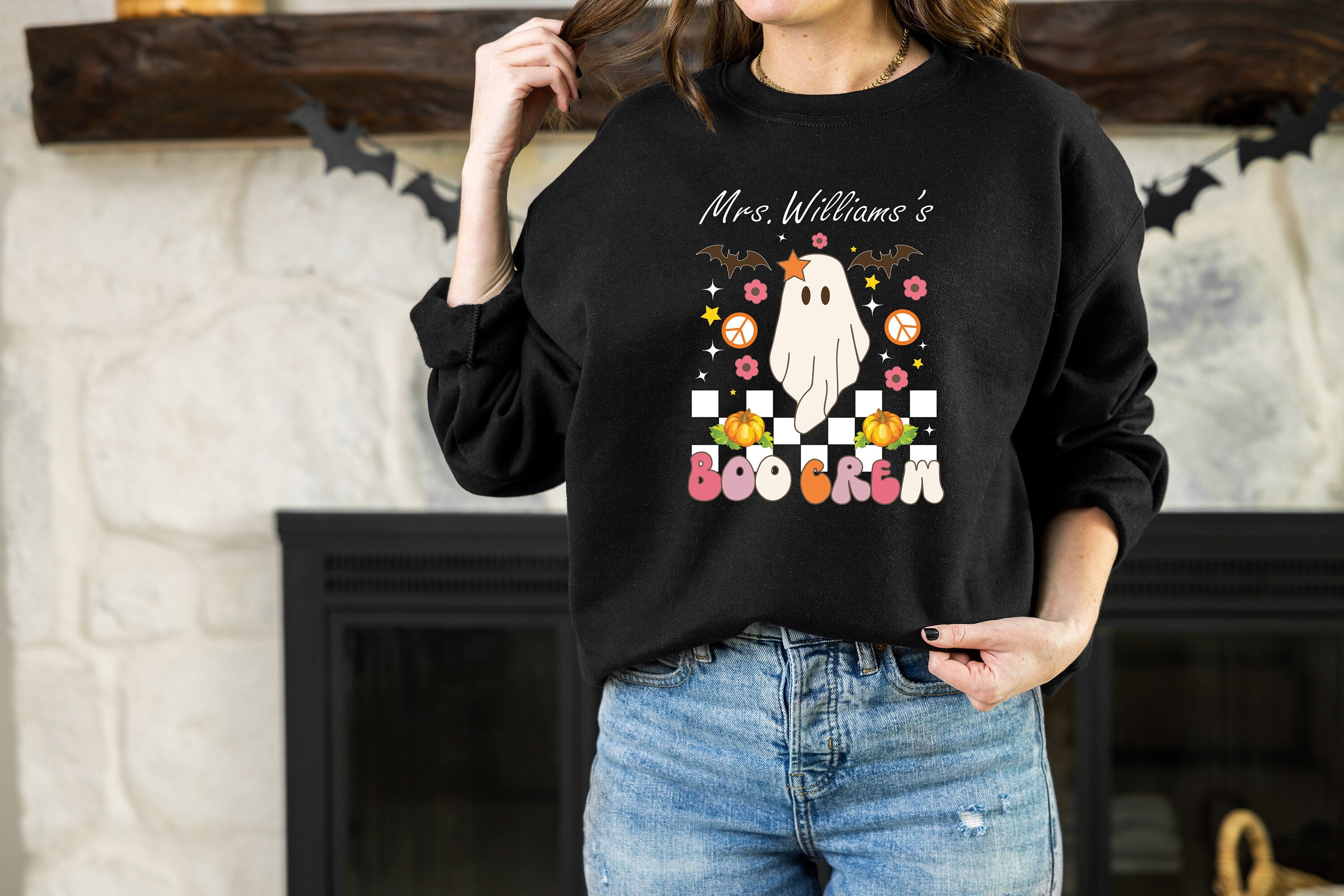 Personalized Spooky Teacher Sweatshirt, Custom Halloween Teacher Sweatshirt, Cute Ghost Teacher, Halloween Crewneck Sweatshirt