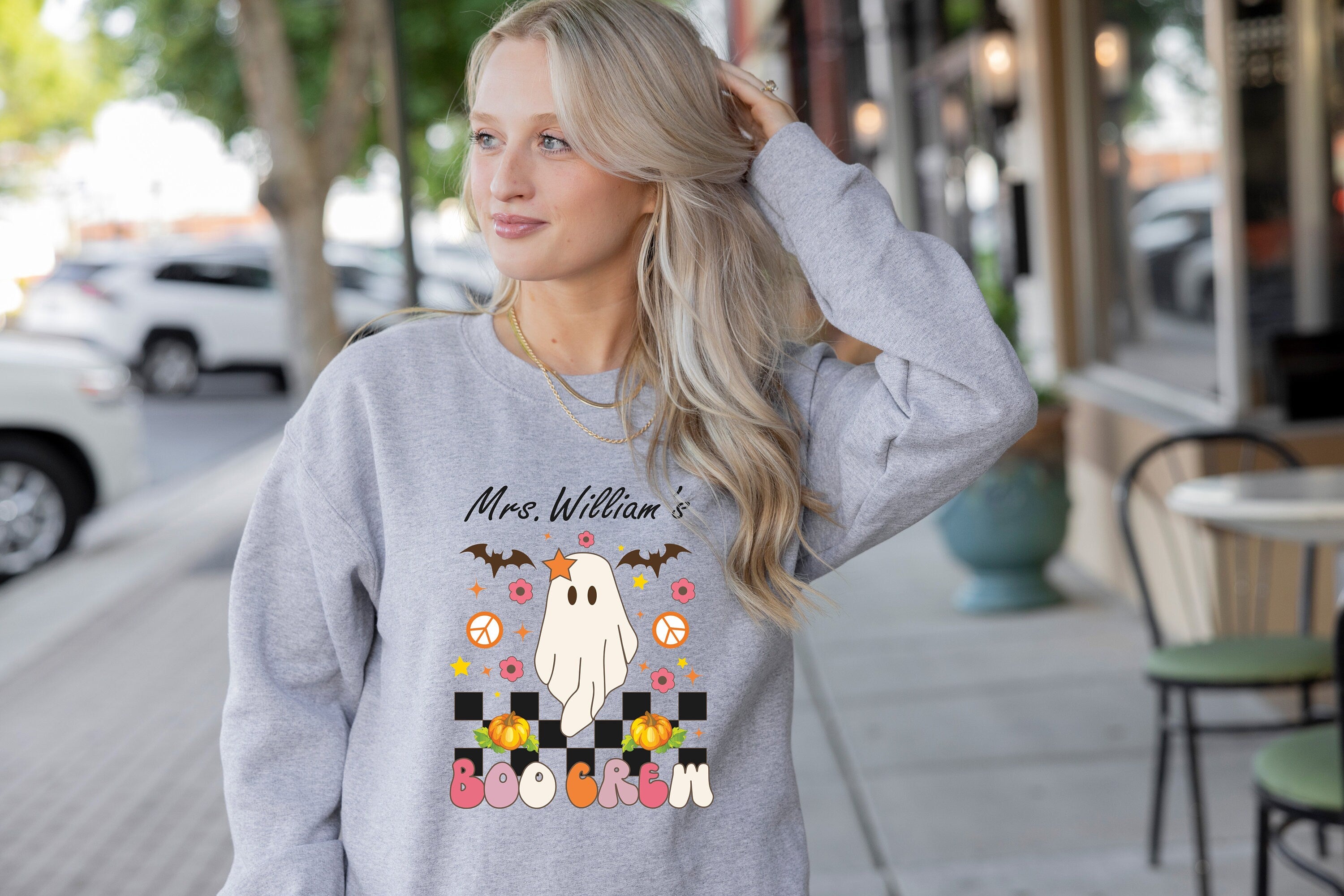 Personalized Spooky Teacher Sweatshirt, Custom Halloween Teacher Sweatshirt, Cute Ghost Teacher, Halloween Crewneck Sweatshirt