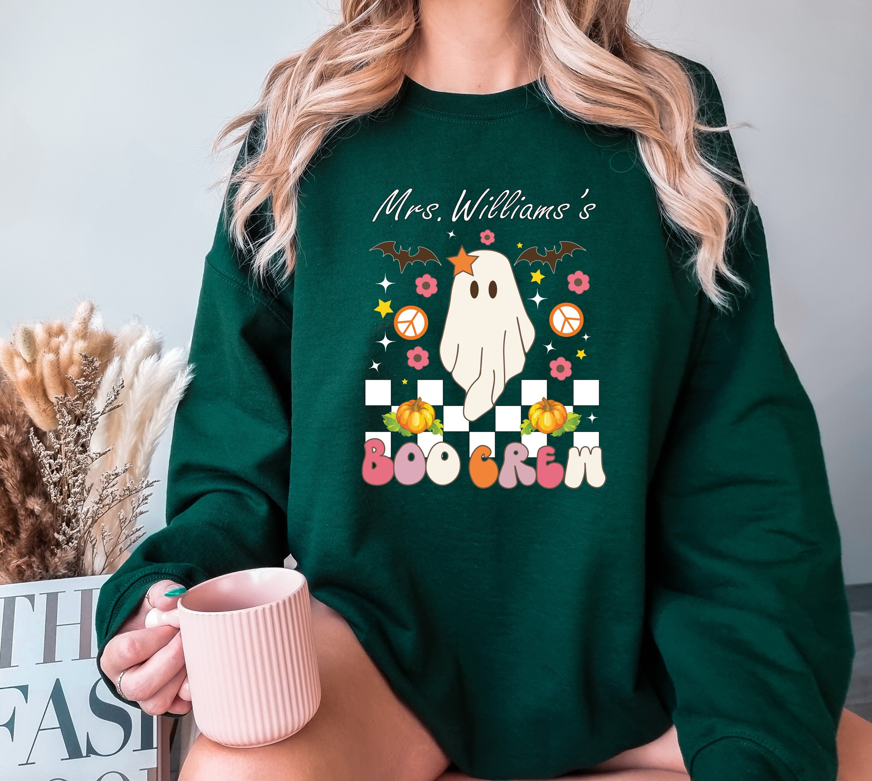 Personalized Spooky Teacher Sweatshirt, Custom Halloween Teacher Sweatshirt, Cute Ghost Teacher, Halloween Crewneck Sweatshirt