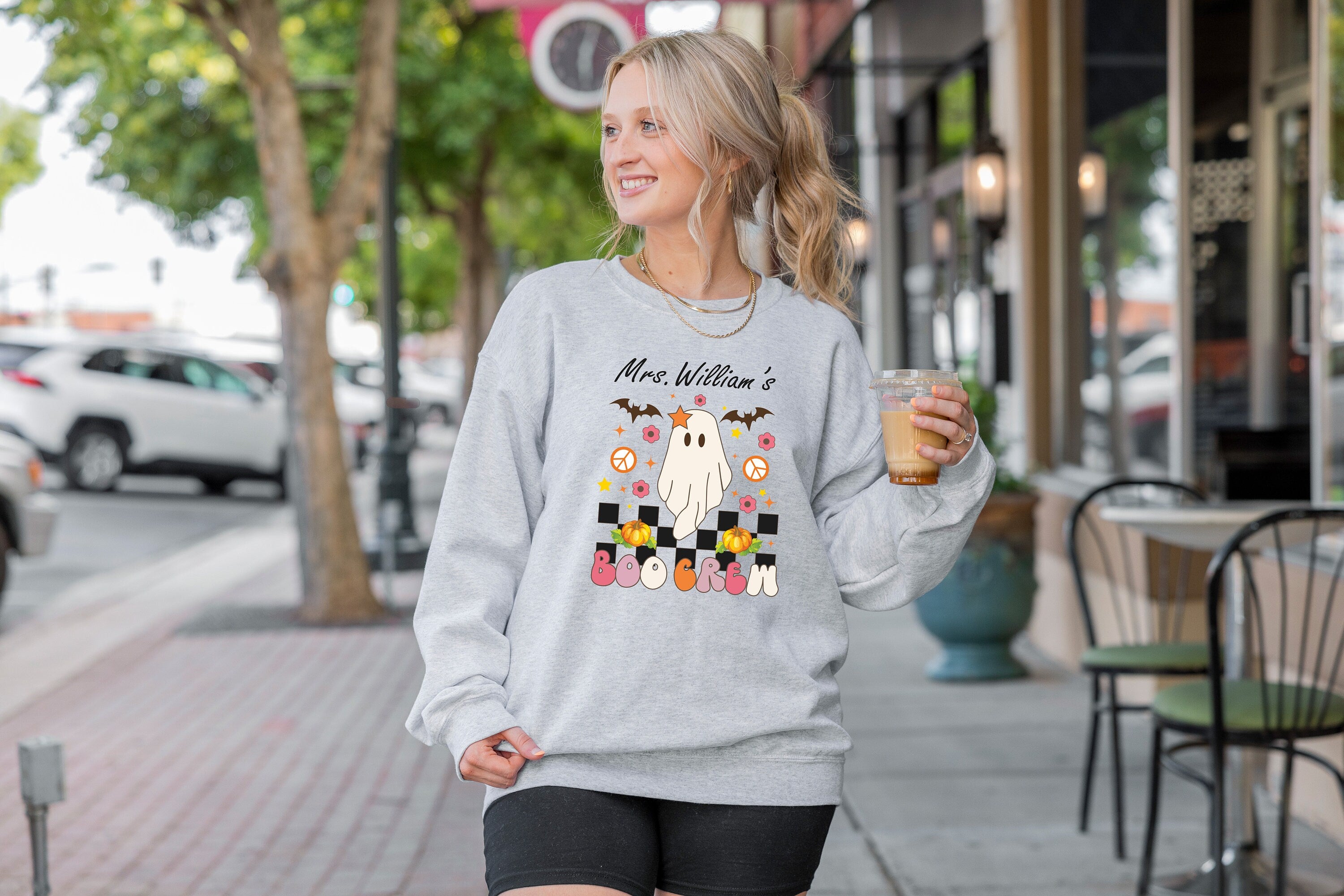Personalized Spooky Teacher Sweatshirt, Custom Halloween Teacher Sweatshirt, Cute Ghost Teacher, Halloween Crewneck Sweatshirt