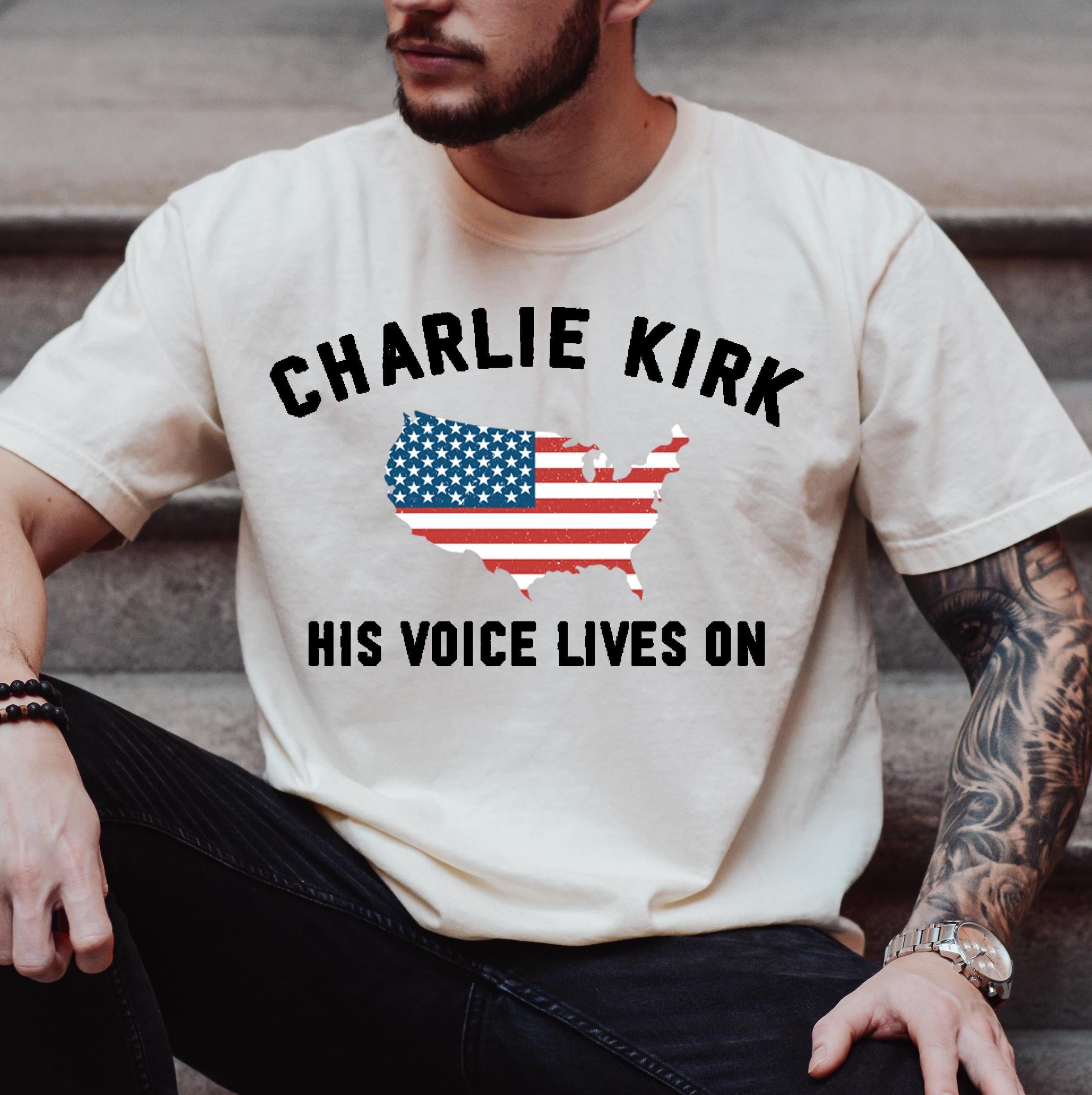 His Voice Lives On Charlie Kirk Shirt, Patriotic Charlie Kirk Tee, Faith-Based Unisex Tee,Political Awareness Kirk Tee,Pray For Charlie Kirk