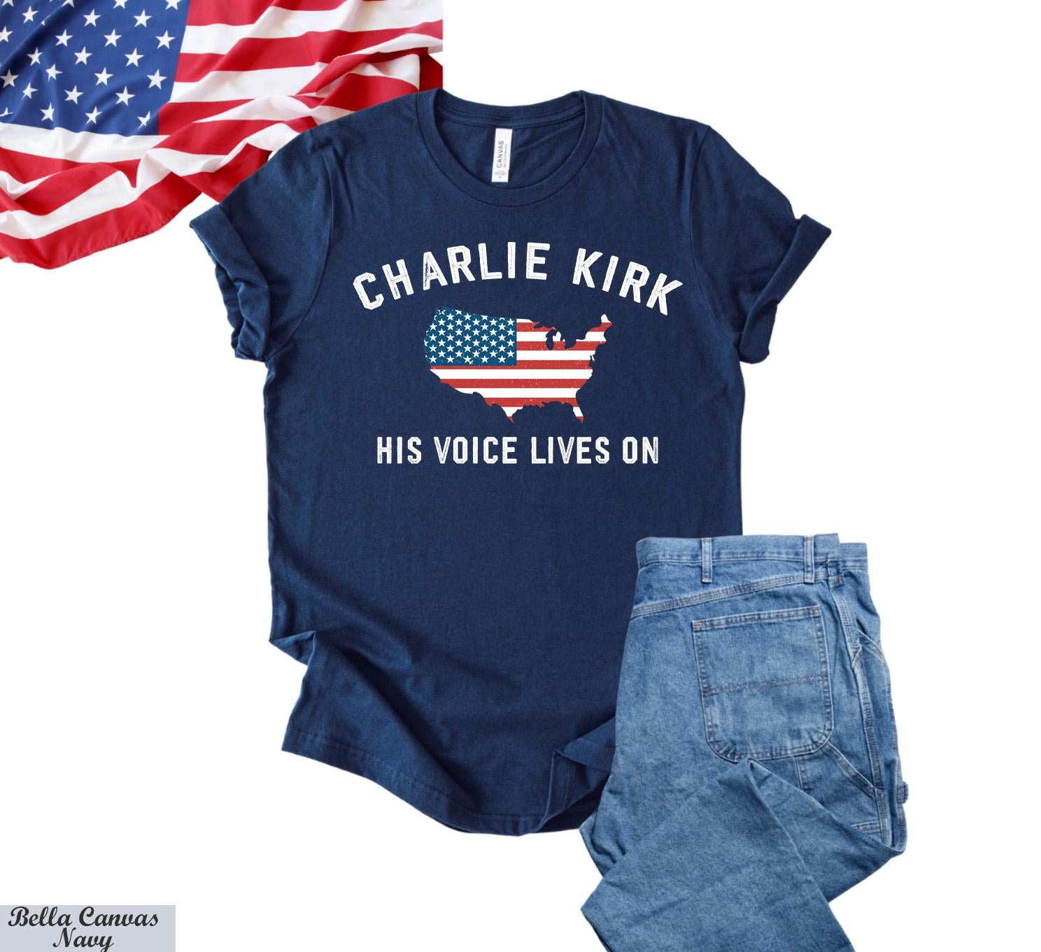 His Voice Lives On Charlie Kirk Shirt, Patriotic Charlie Kirk Tee, Faith-Based Unisex Tee,Political Awareness Kirk Tee,Pray For Charlie Kirk
