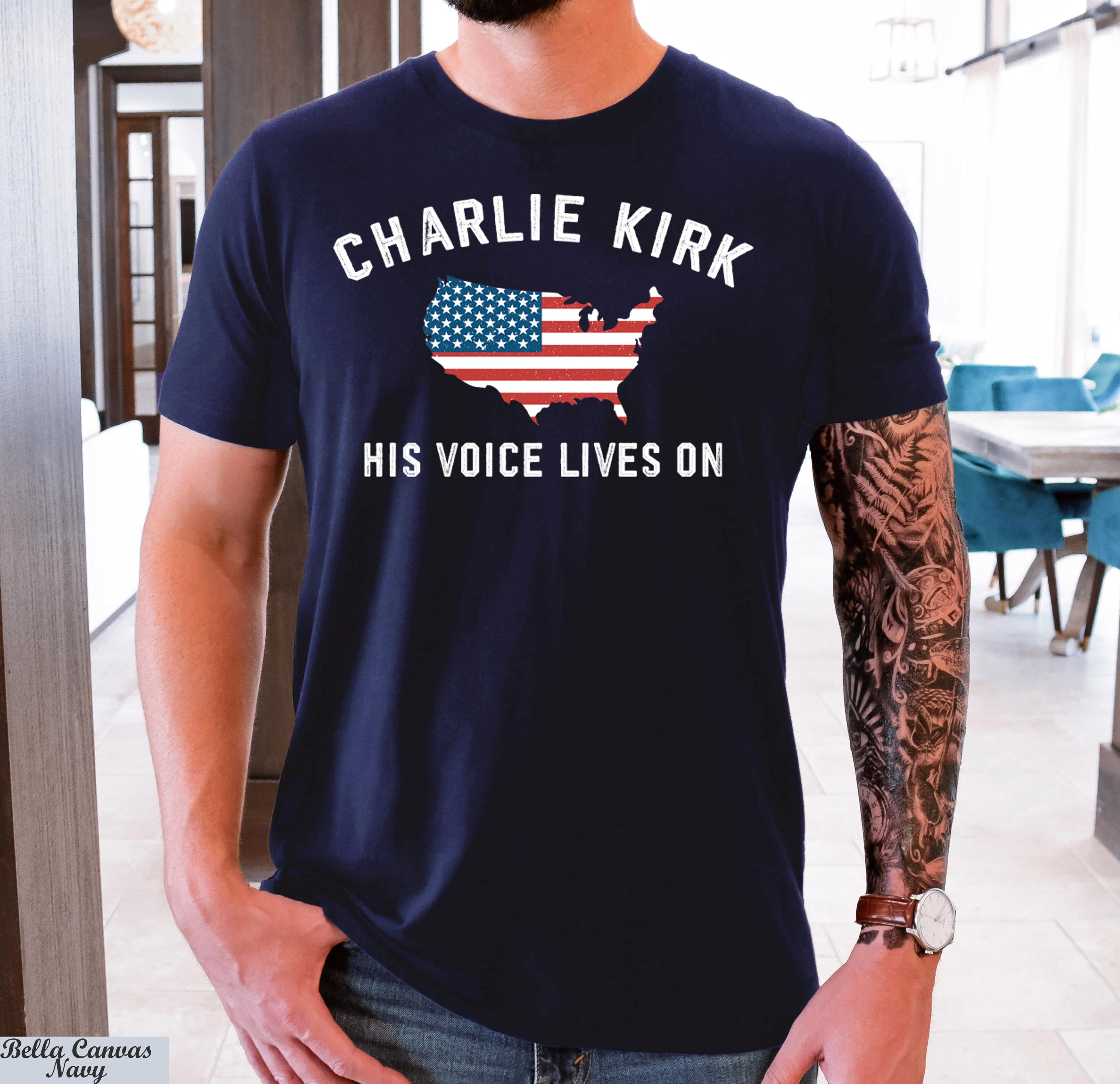 His Voice Lives On Charlie Kirk Shirt, Patriotic Charlie Kirk Tee, Faith-Based Unisex Tee,Political Awareness Kirk Tee,Pray For Charlie Kirk