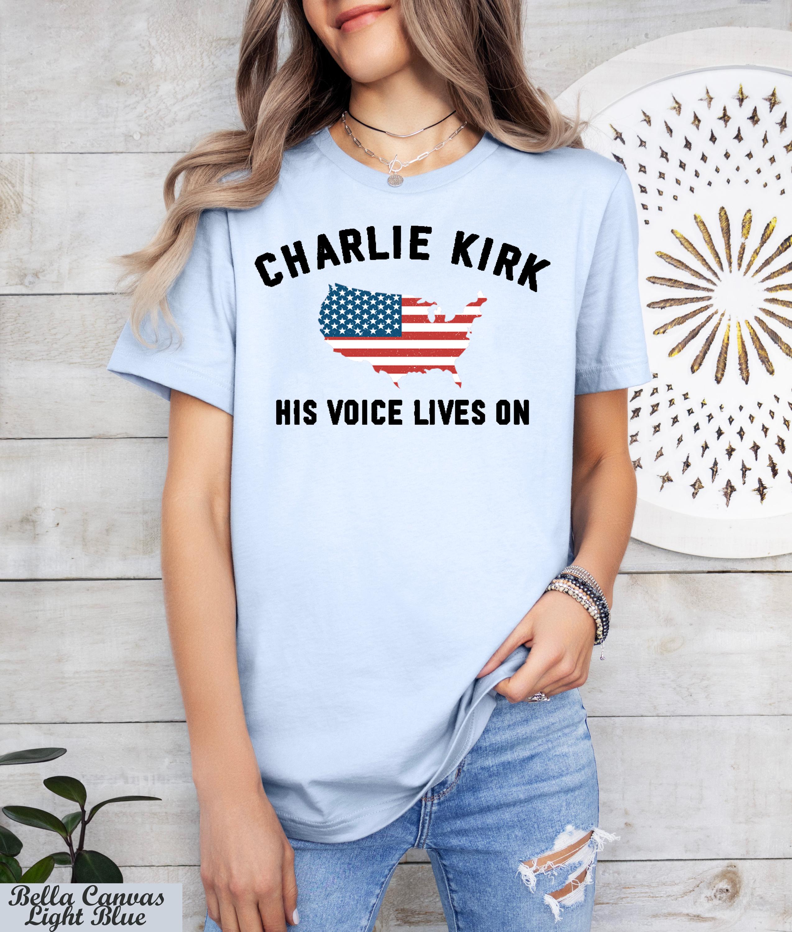 His Voice Lives On Charlie Kirk Shirt, Patriotic Charlie Kirk Tee, Faith-Based Unisex Tee,Political Awareness Kirk Tee,Pray For Charlie Kirk
