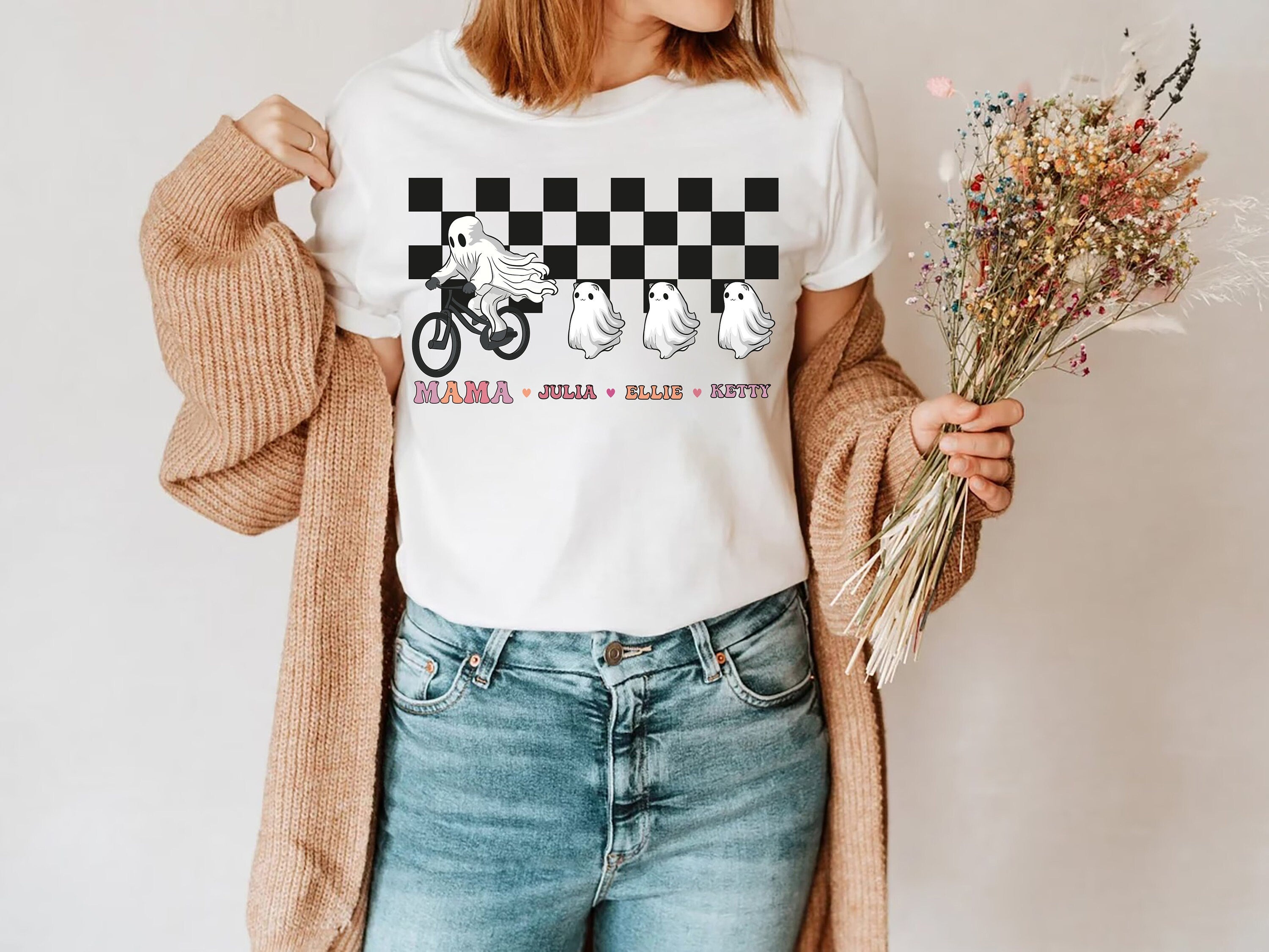 Custom Ghost Kids Names,Bicycle Lover,Custom Mama Halloween Sweater - Mama And Kids Name Hoodie,Custom Mama And Kids Ghost Sweatshirt