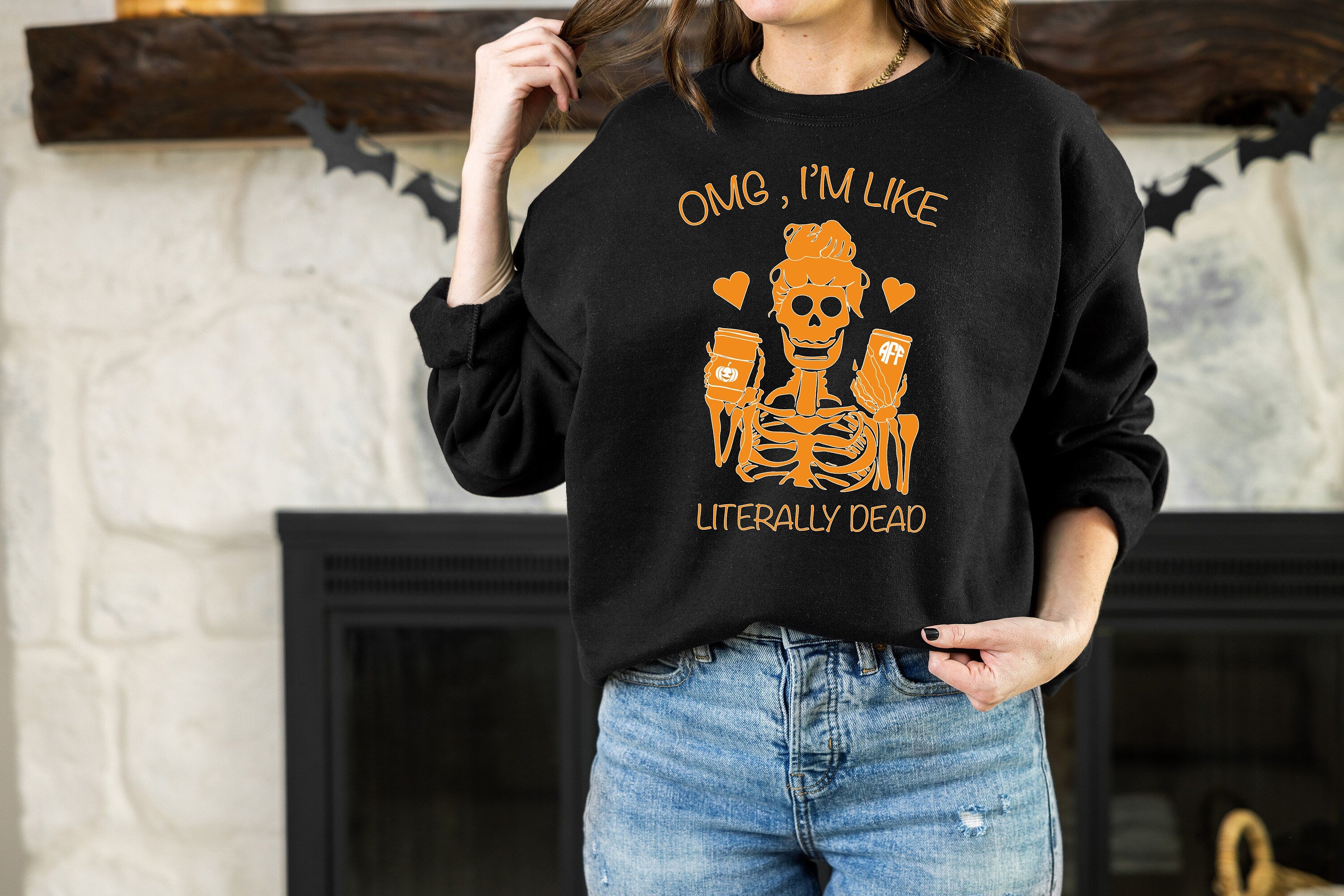 OMG Im Like Literally Dead Sweatshirt,Zombie Woman Sweater, Halloween Humor,Spooky Quotes, Eerie Skeleton Girl, Witchy Vibe, Skeleton Coffee