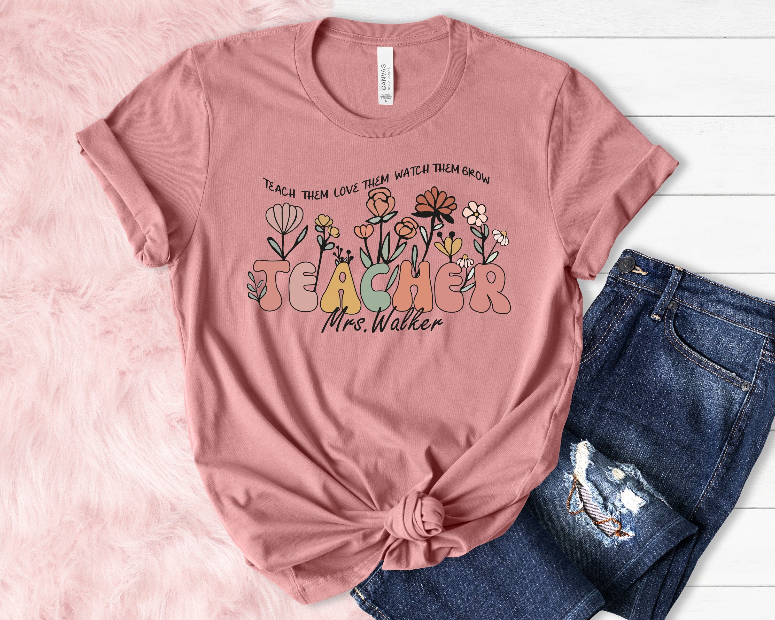 Customized Floral Teacher Shirt, Back to School Teacher Shirt, Personalized Teacher Mrs Name Shirt, Kindergarten Teacher Tee, Teacher Gift