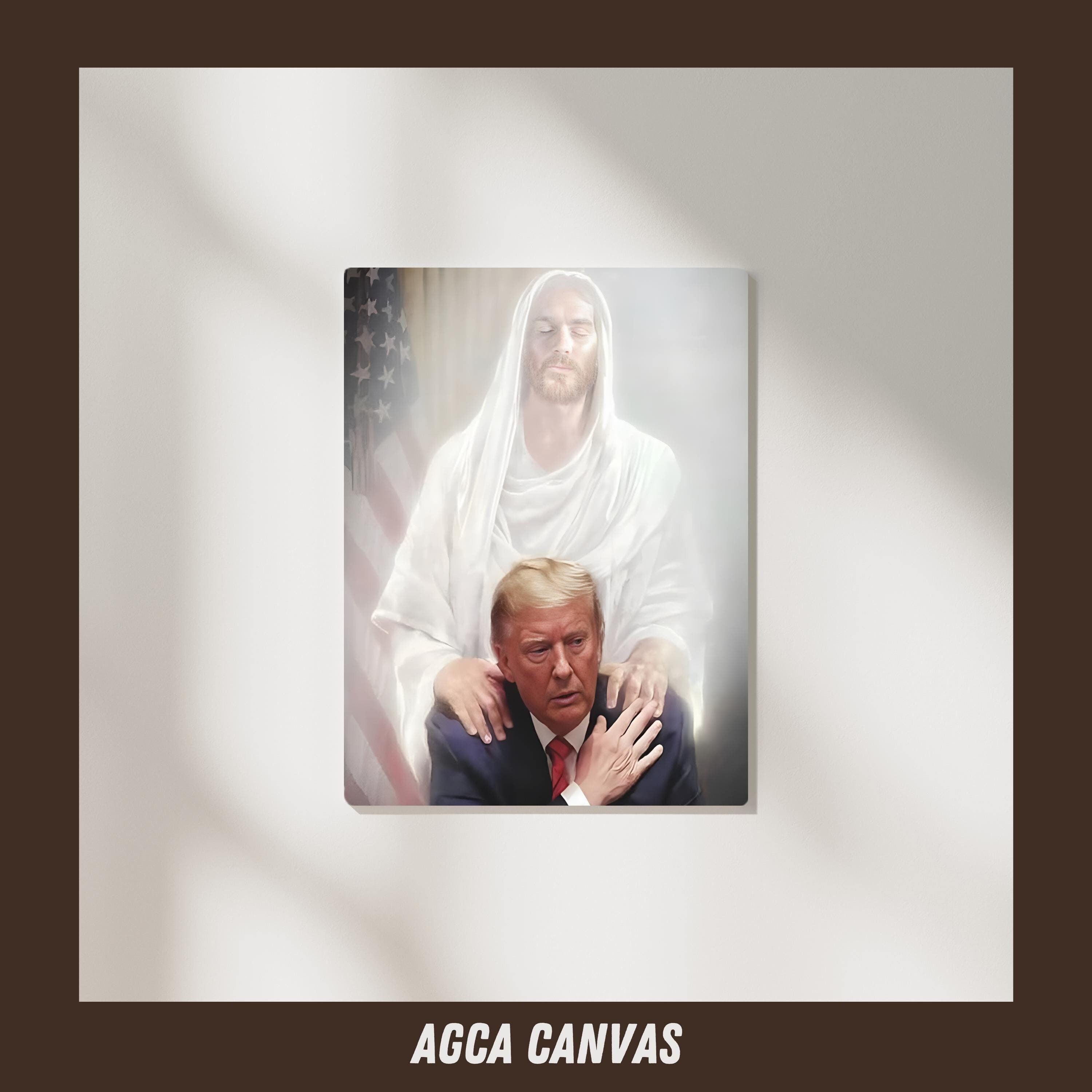 President Donald Trump with Jesus praying God Save America art Holy Face of Jesus Christ, Gift for USA Patriots ready to hang, Canvas Print