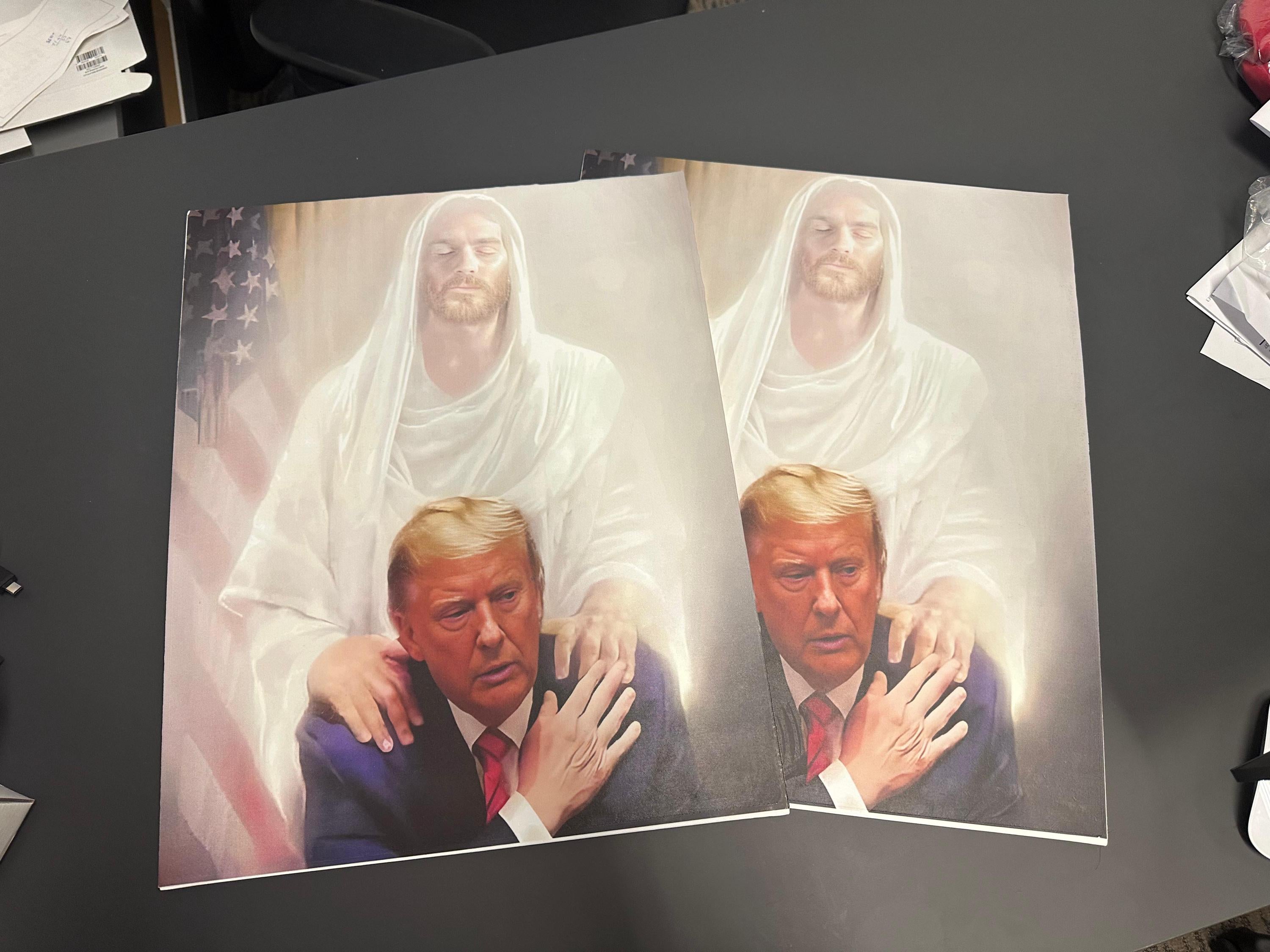 President Donald Trump with Jesus praying God Save America art Holy Face of Jesus Christ, Gift for USA Patriots ready to hang, Canvas Print