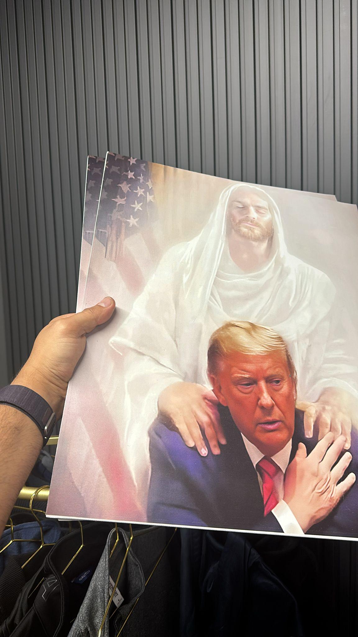 President Donald Trump with Jesus praying God Save America art Holy Face of Jesus Christ, Gift for USA Patriots ready to hang, Canvas Print