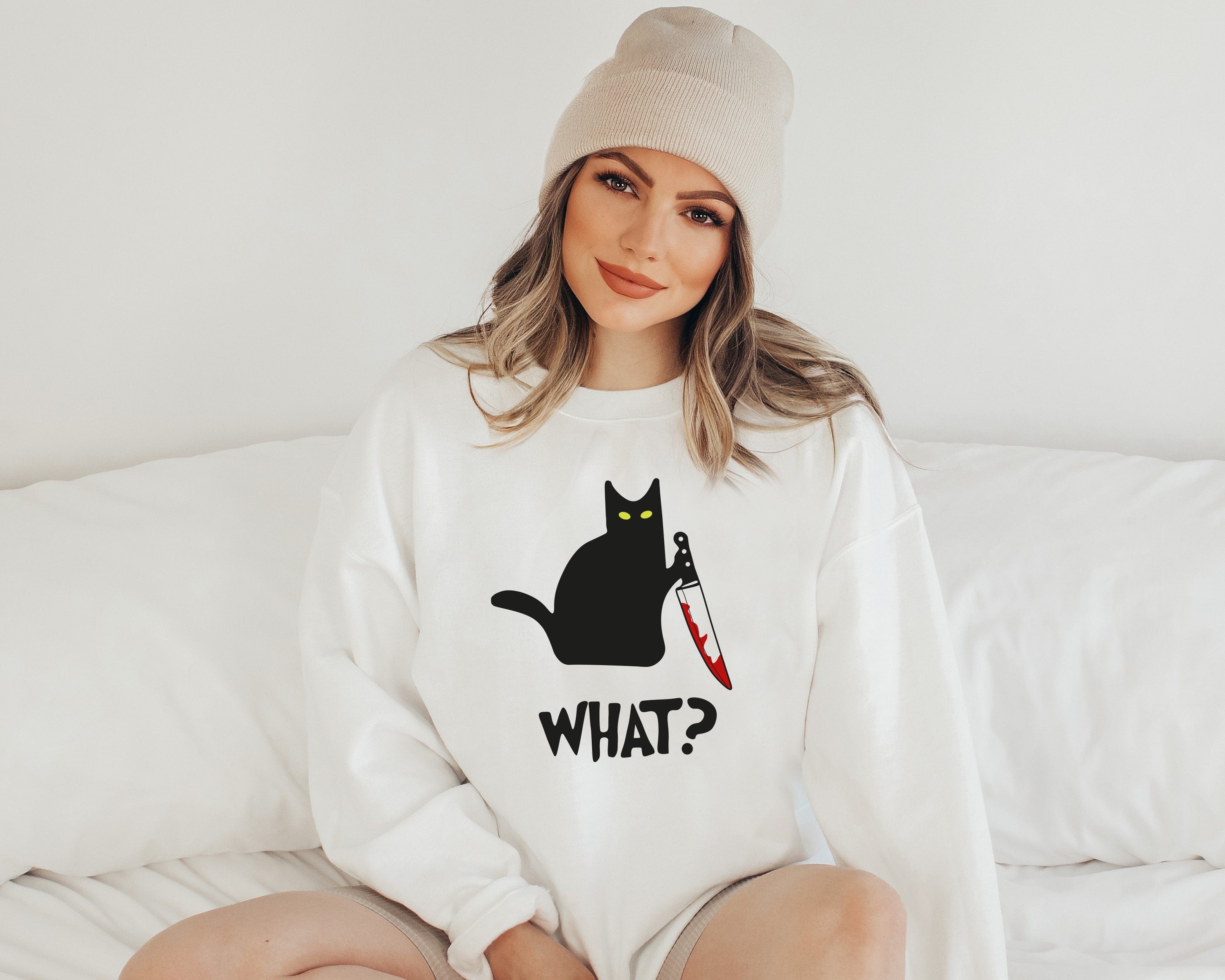 Cat With Knife Sweatshirt,Funny Black Cat tshirts, What Cat Sweatshirt,What Murderous Black Cat Sweatshirt , Killer Cat Graphic Tee