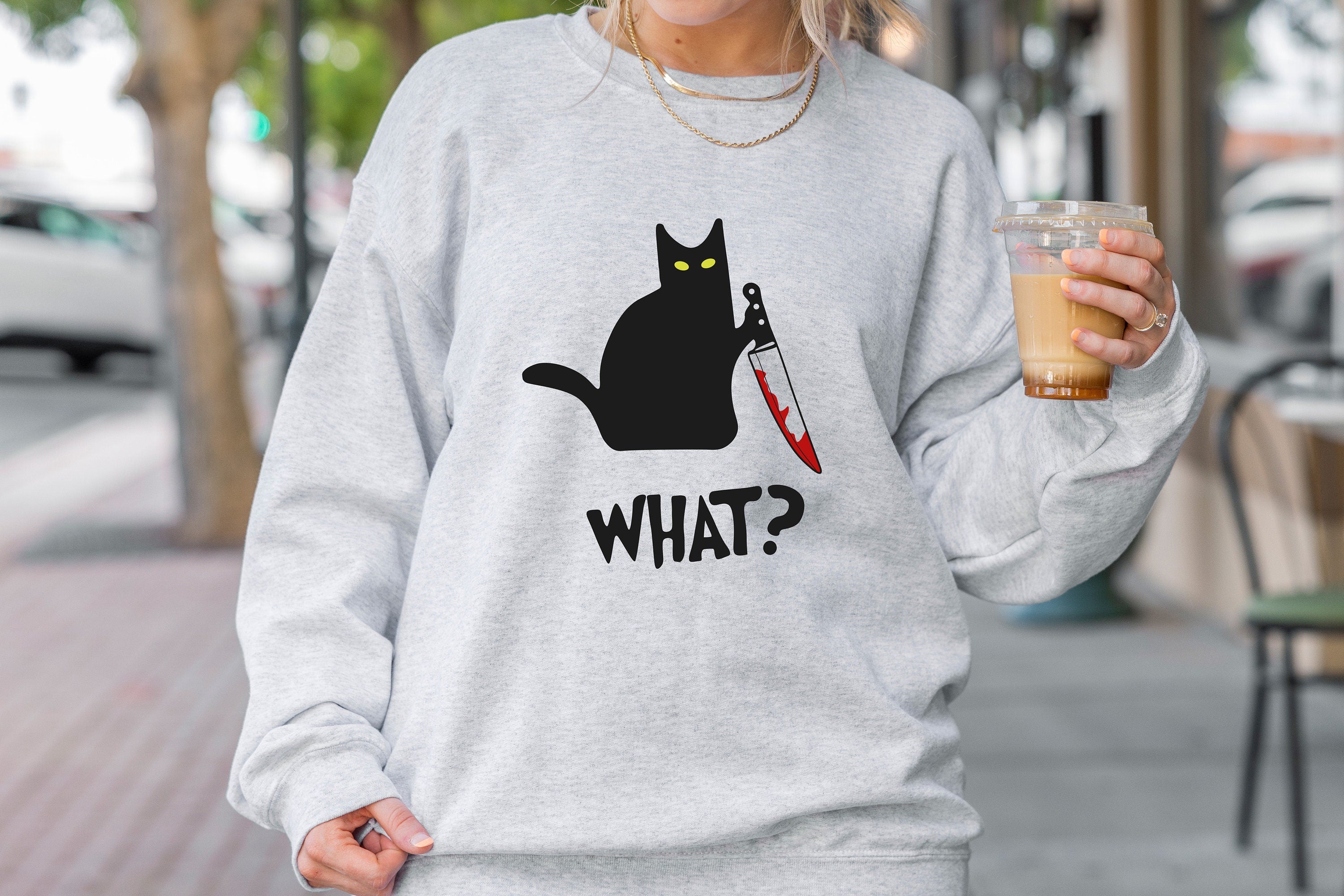 Cat With Knife Sweatshirt,Funny Black Cat tshirts, What Cat Sweatshirt,What Murderous Black Cat Sweatshirt , Killer Cat Graphic Tee