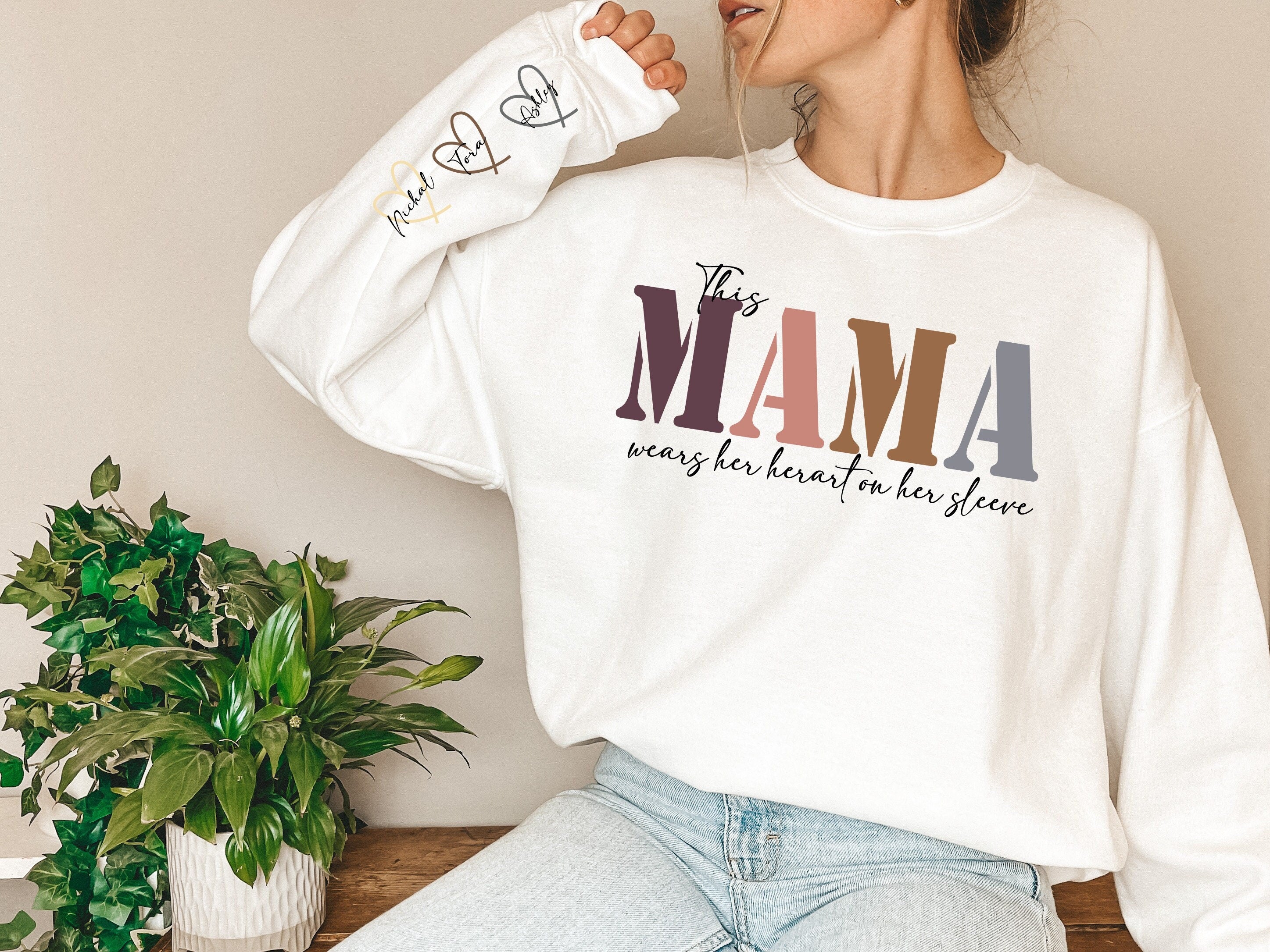 This Mama Wears Her Heart on Her Sleeve Custom Mama Sweatshirt, Kids Names, Mothers Day Gift, MamaGift for Her, Mom Life, Birthday