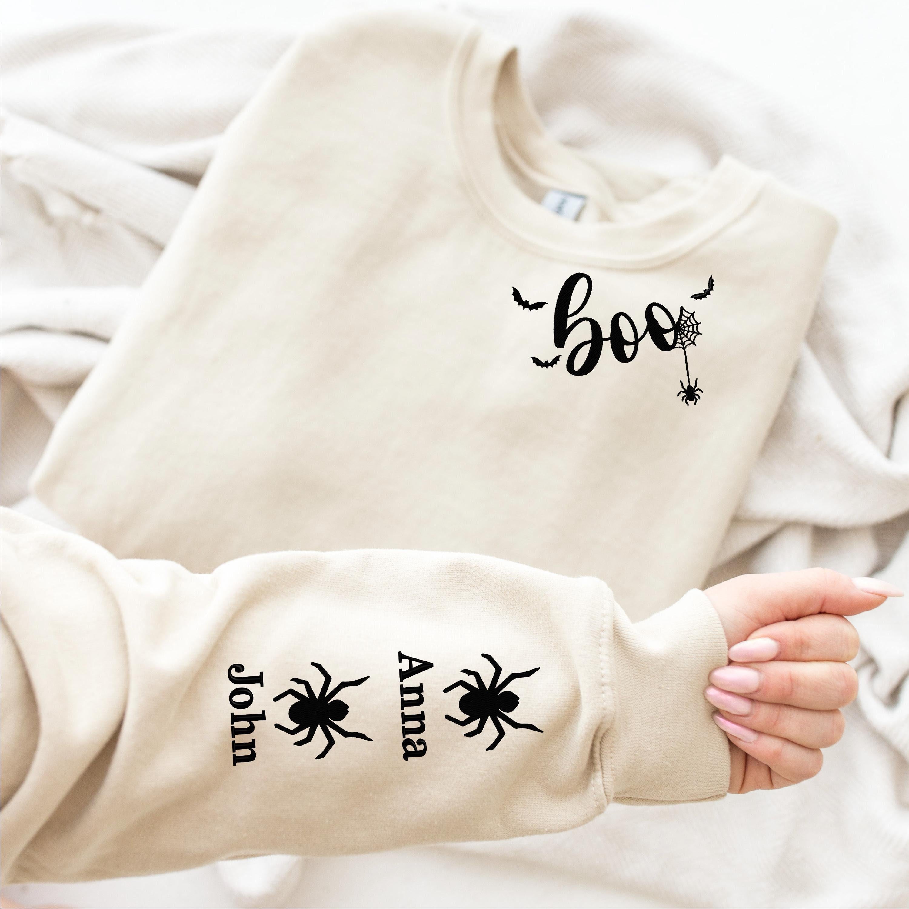 Custom Embroidered Boo Sweatshirt, Kids Names on Sleeve, Personalized Sweatshirt, Halloween Crewneck, Cute Mama Shirt, Halloween Gift